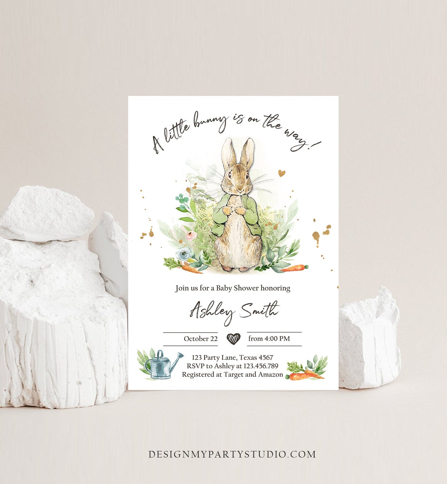 Editable Peter Rabbit Baby Shower Invitation Gender Neutral Rustic Peter Rabbit Green Spring Sprinkle Digital Corjl Template Printable 0351