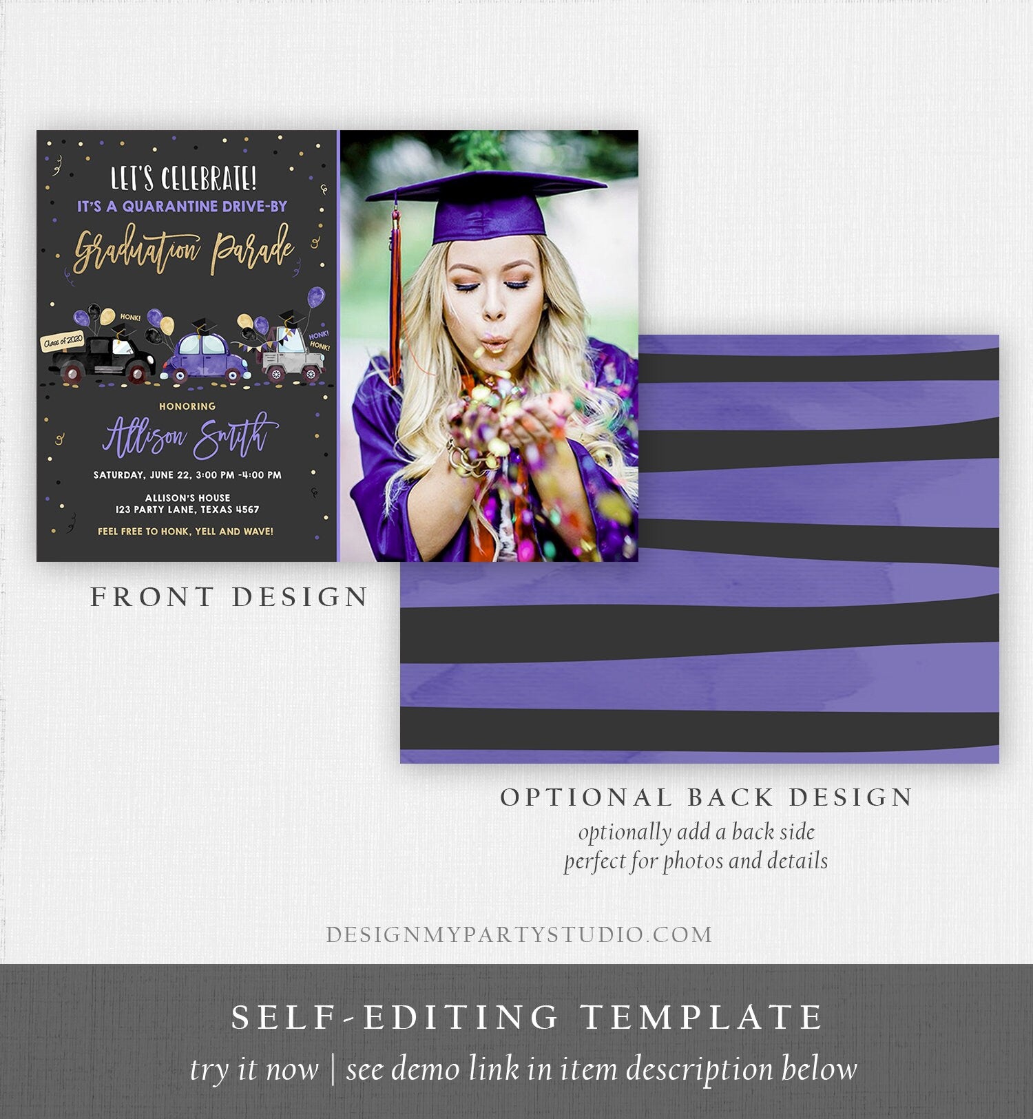 Editable Drive By Graduation Parade Invitation Virtual Party Blue Girl Graduate High School Grad Class 2021 Quarantine Digital Corjl 0337