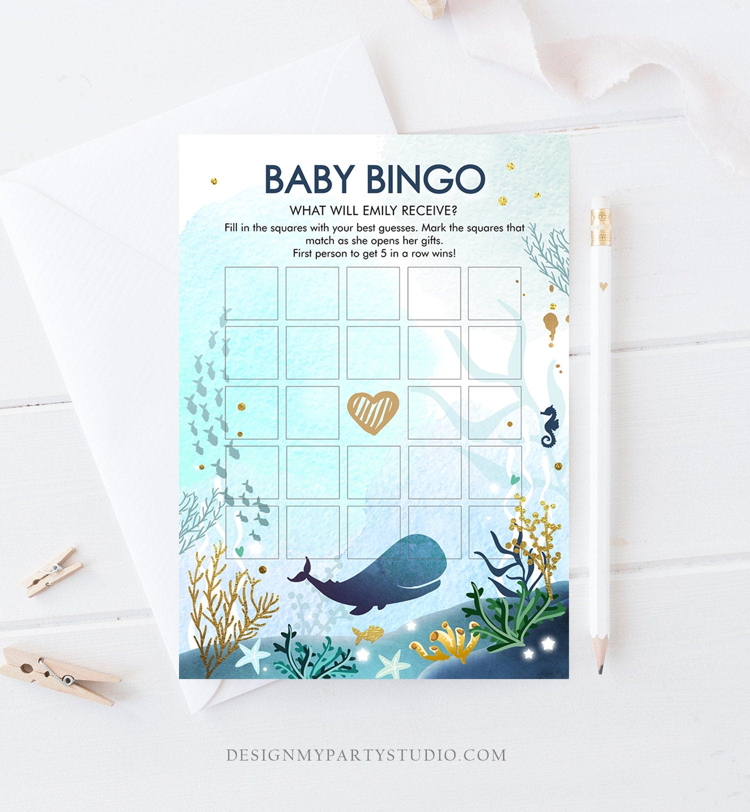 Editable Baby Bingo Game Whale Nautical Baby Shower Game Ocean Coral Under the Sea Sprinkle Boy Blue Games Corjl Template Printable 0118