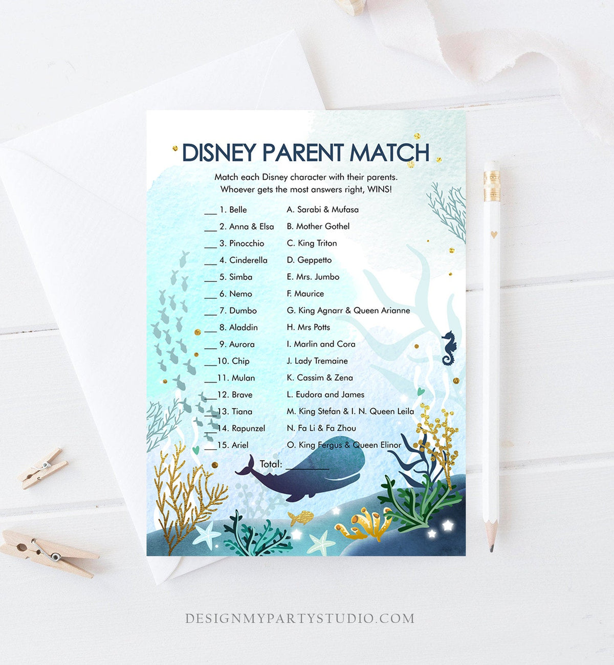 Editable Disney Parent Match Game Whale Nautical Baby Shower Game Ocean Coral Under the Sea Boy Blue Games Corjl Template Printable 0118