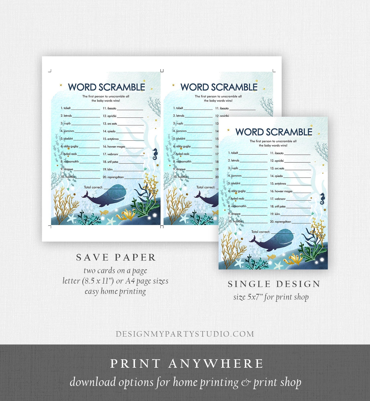 Editable Word Scramble Game Whale Nautical Baby Shower Search Game Ocean Coral Under the Sea Boy Blue Games Corjl Template Printable 0118