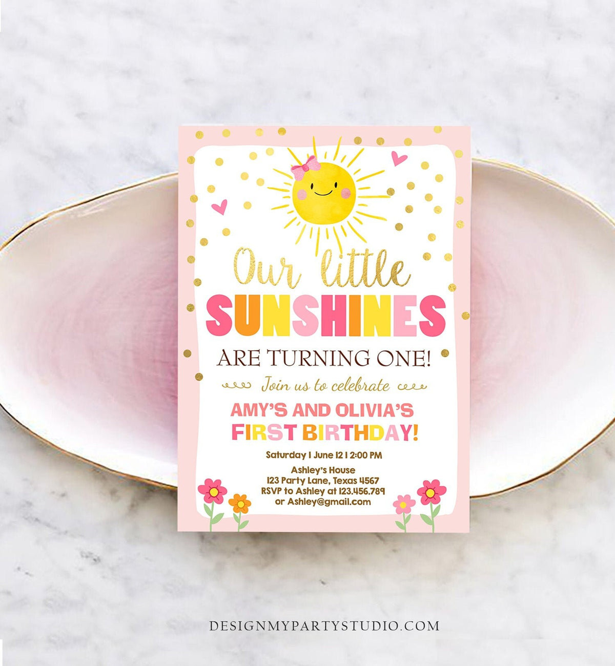 Editable Birthday Invitation Twins Little Sunshines Girls Siblings Pink Gold Girl Summer Download Printable Invitation Template Corjl 0070