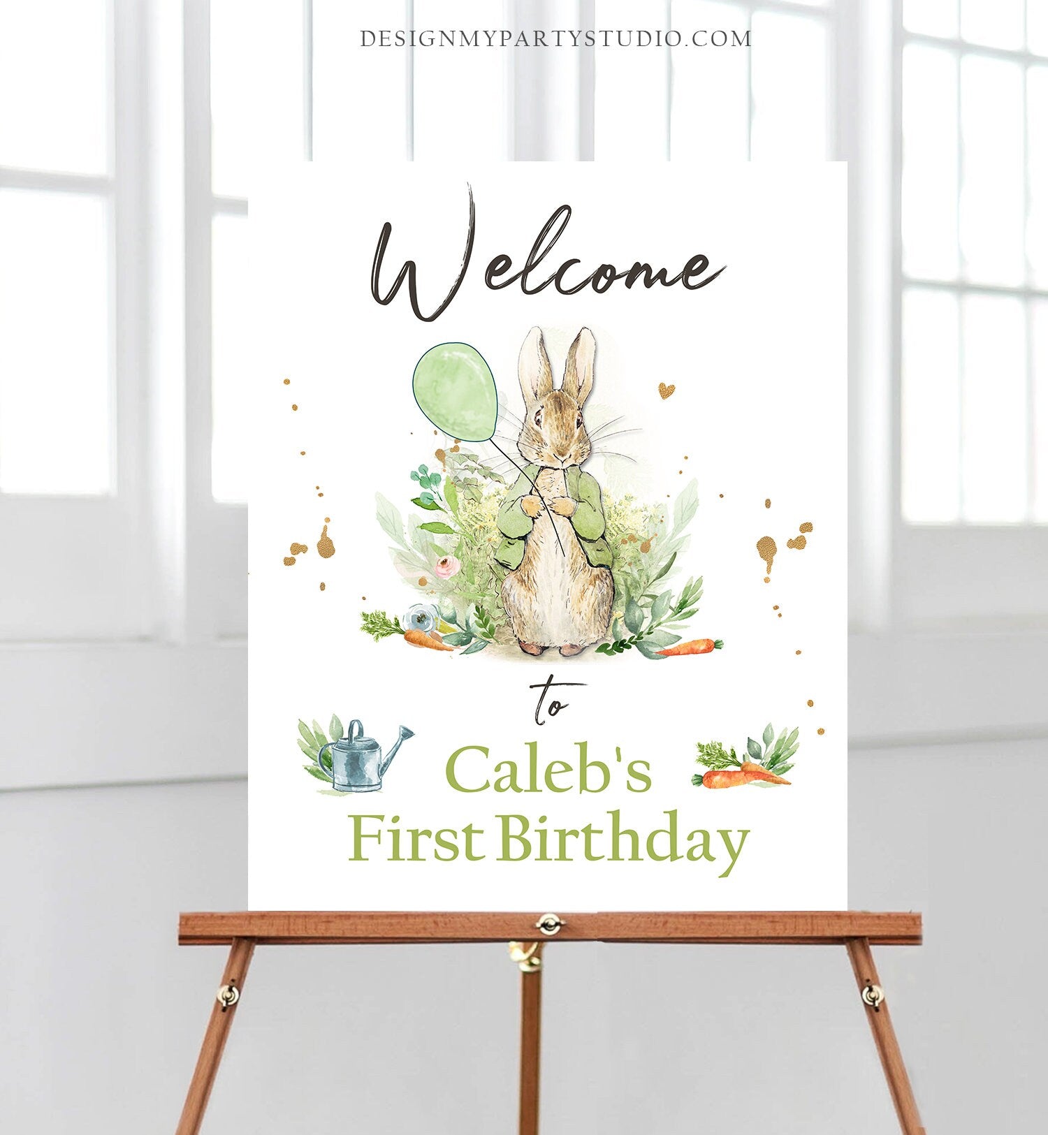 Editable Peter Rabbit Welcome Sign Birthday Baby Shower Welcome 1st Birthday Rabbit Bunny Gender Neutral Template Corjl PRINTABLE 0351