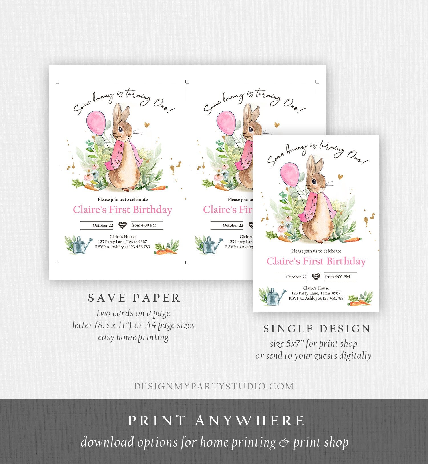 Editable Flopsy Bunny Birthday Invitation Gril Pink Rustic Peter Rabbit 1st Birthday Invite Watercolor Digital Corjl Template Printable 0351