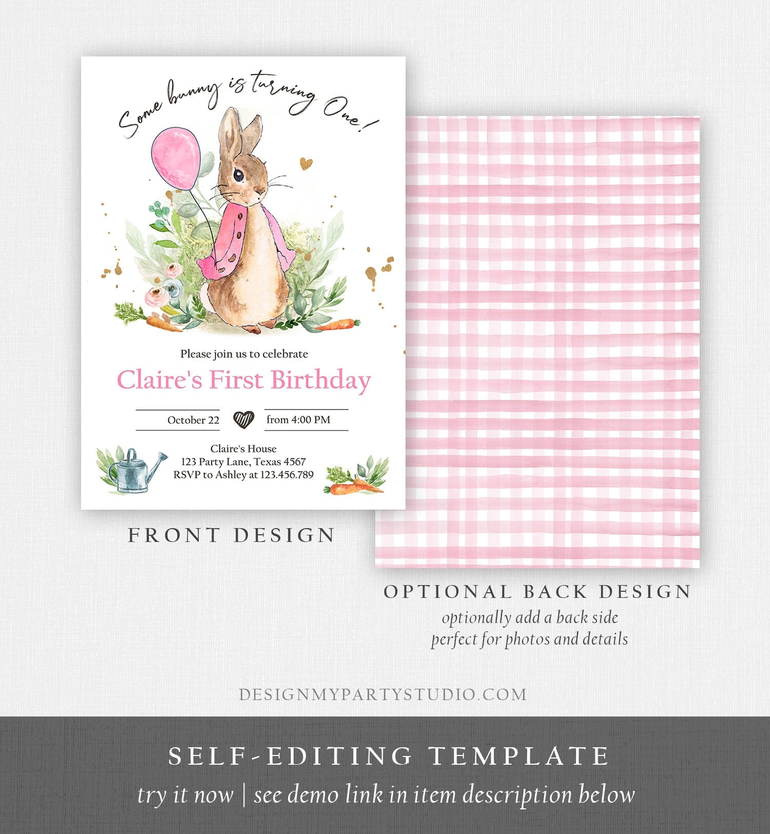 Editable Flopsy Bunny Birthday Invitation Gril Pink Rustic Peter Rabbit 1st Birthday Invite Watercolor Digital Corjl Template Printable 0351