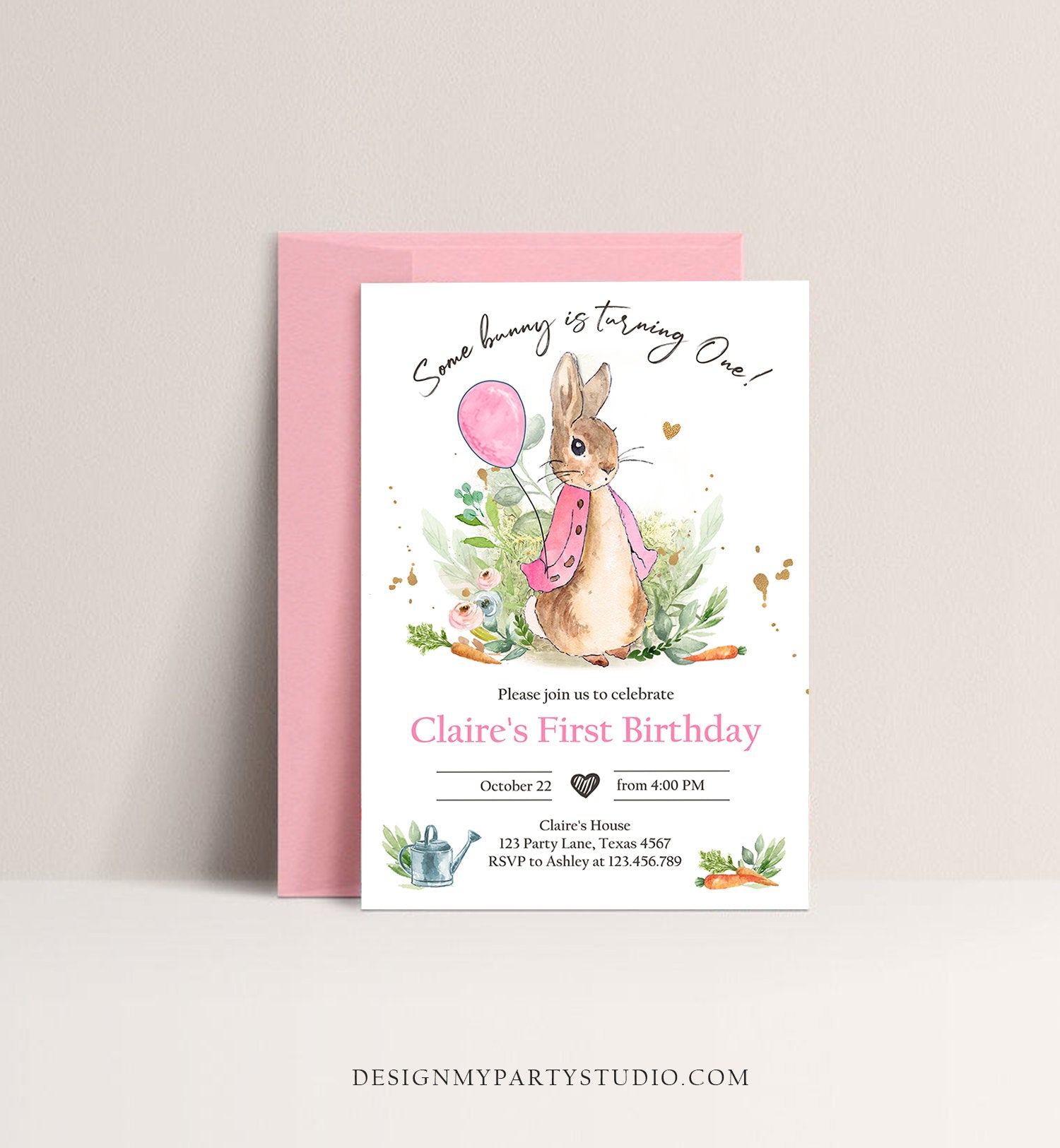 Editable Flopsy Bunny Birthday Invitation Gril Pink Rustic Peter Rabbit 1st Birthday Invite Watercolor Digital Corjl Template Printable 0351