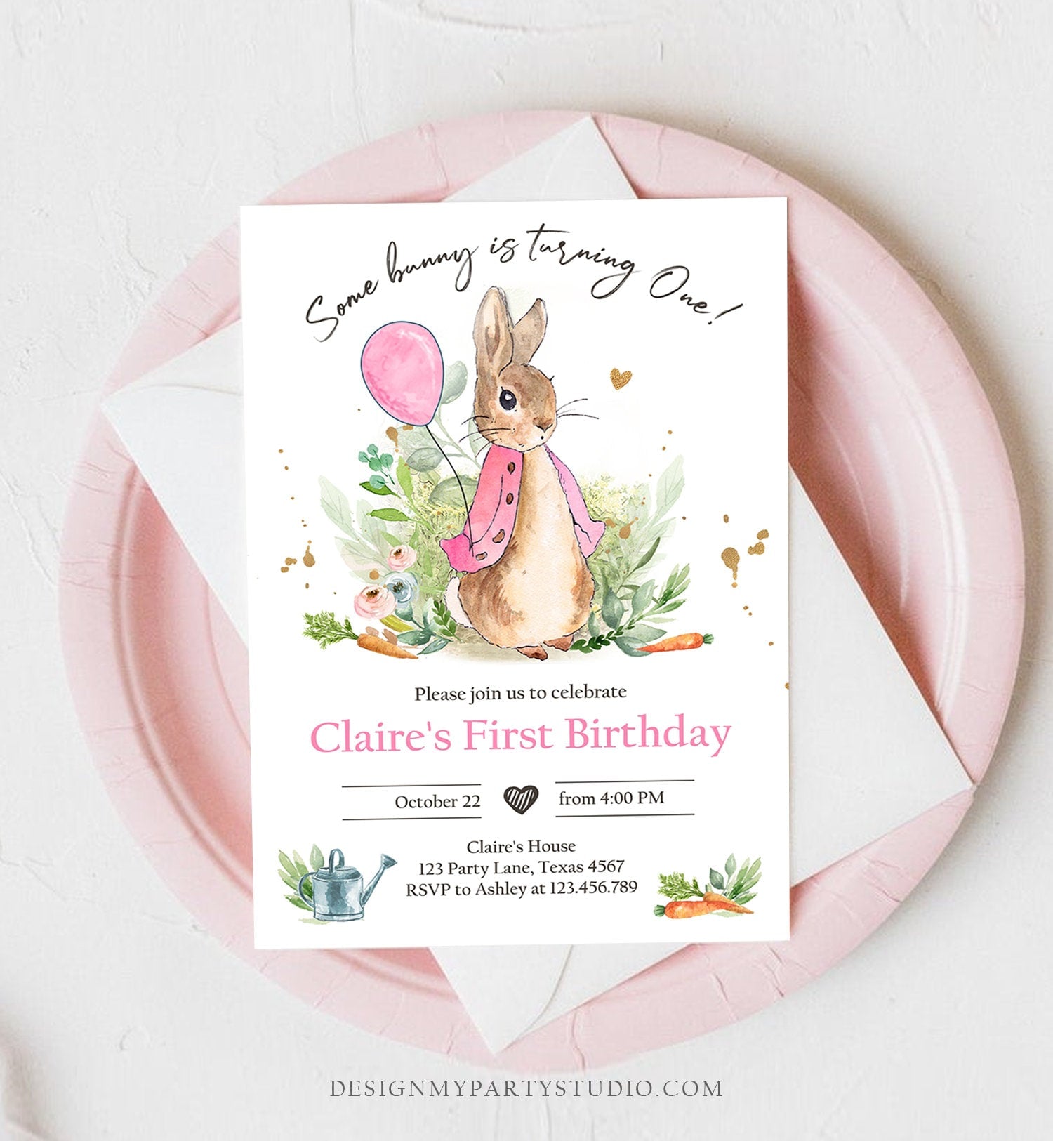 Editable Flopsy Bunny Birthday Invitation Gril Pink Rustic Peter Rabbit 1st Birthday Invite Watercolor Digital Corjl Template Printable 0351