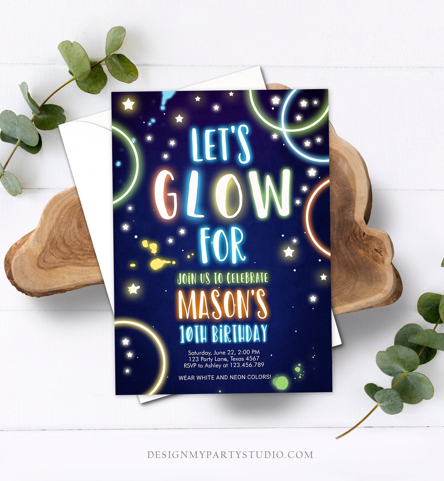 Editable Let's Glow Birthday Invitation Glow Crazy Party Neon Glow In The Dark Party Boy Teen Blue Download Printable Template Corjl 0172