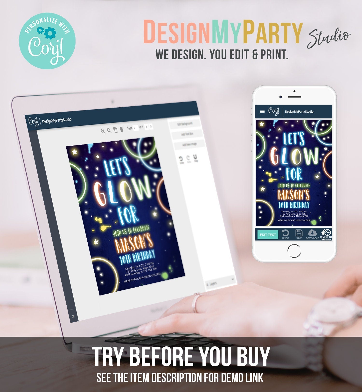 Editable Let's Glow Birthday Invitation Glow Crazy Party Neon Glow In The Dark Party Boy Teen Blue Download Printable Template Corjl 0172