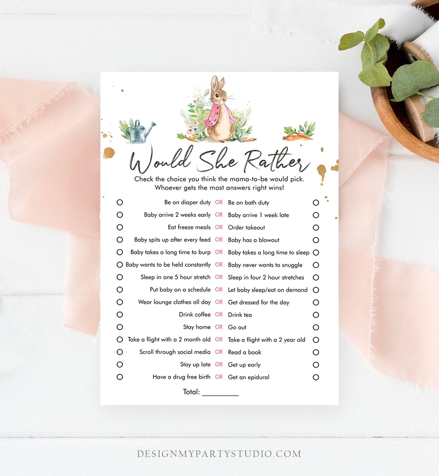 Editable Would She Rather Baby Shower Game Greenery Flopsy Bunny Baby Shower Peter Rabbit Watercolor Guess Corjl Template Printable 0351