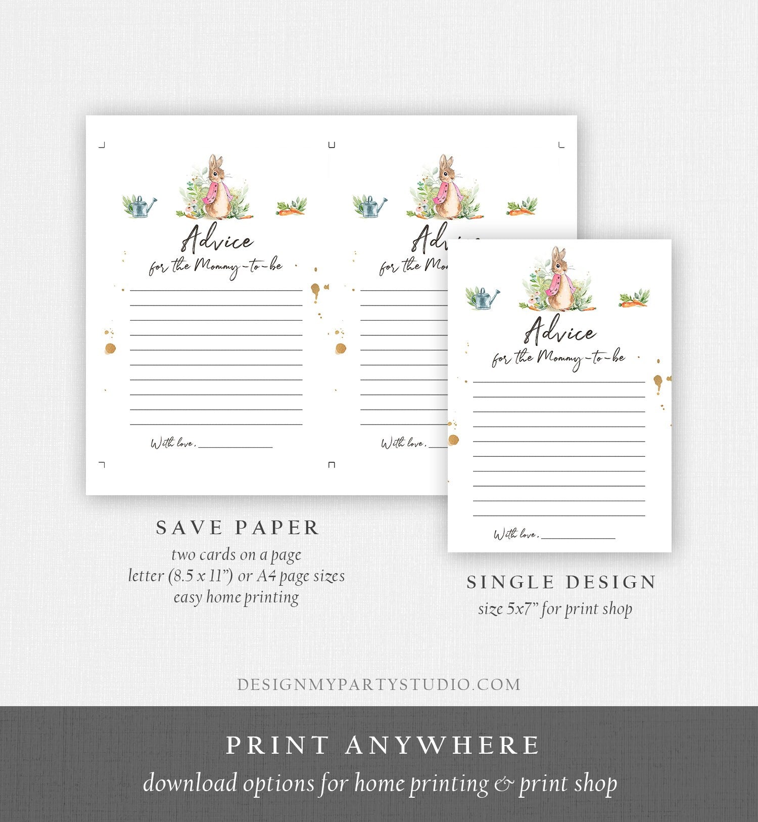 Editable Advice for the Mom-to-be Card Baby Shower Game Parent Advice Greenery Flopsy Bunny Peter Rabbit Corjl Template Printable 0351