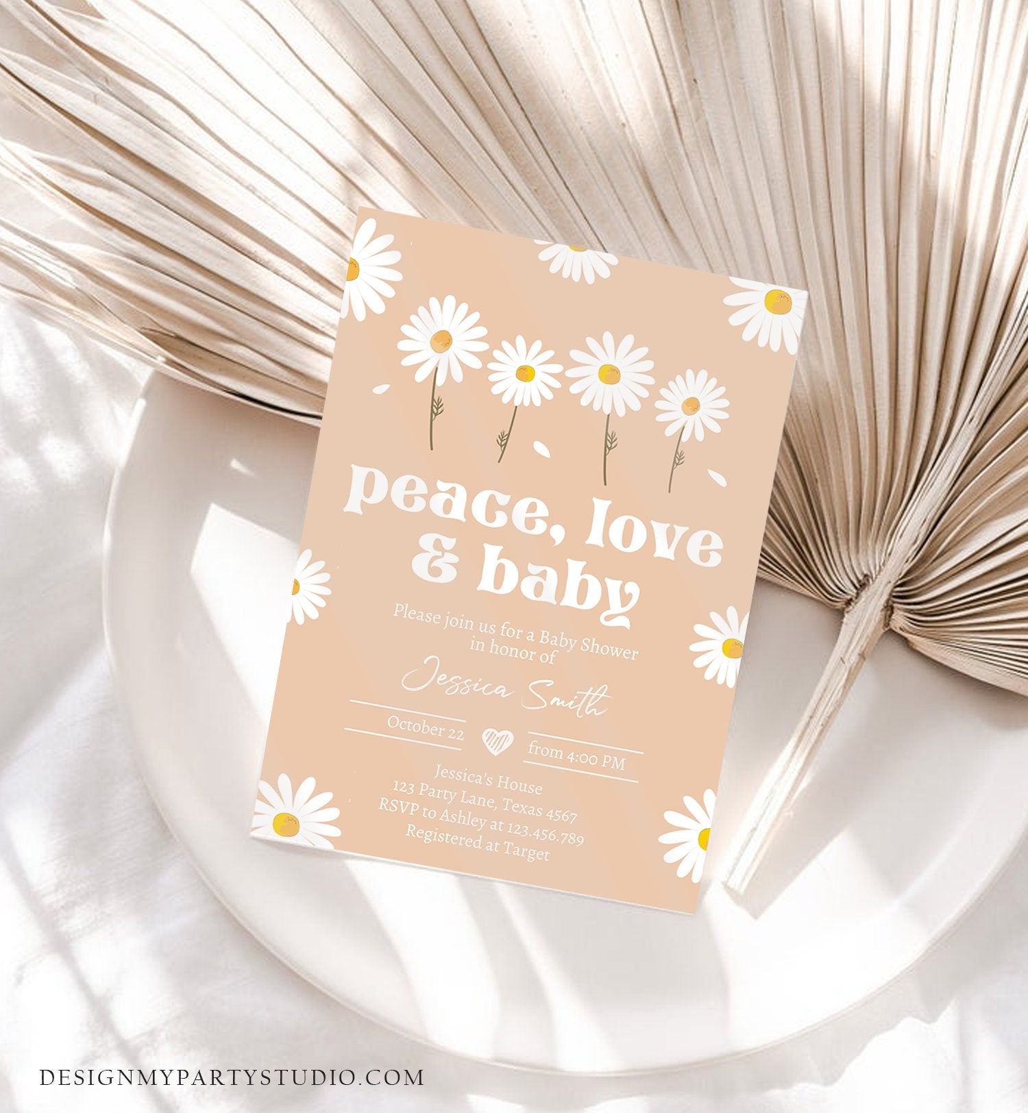 Editable Peace Love and Baby Shower Invitation Daisy Invitation Floral Bohemian Boho Hippie Download Printable Template Corjl Digital 0410