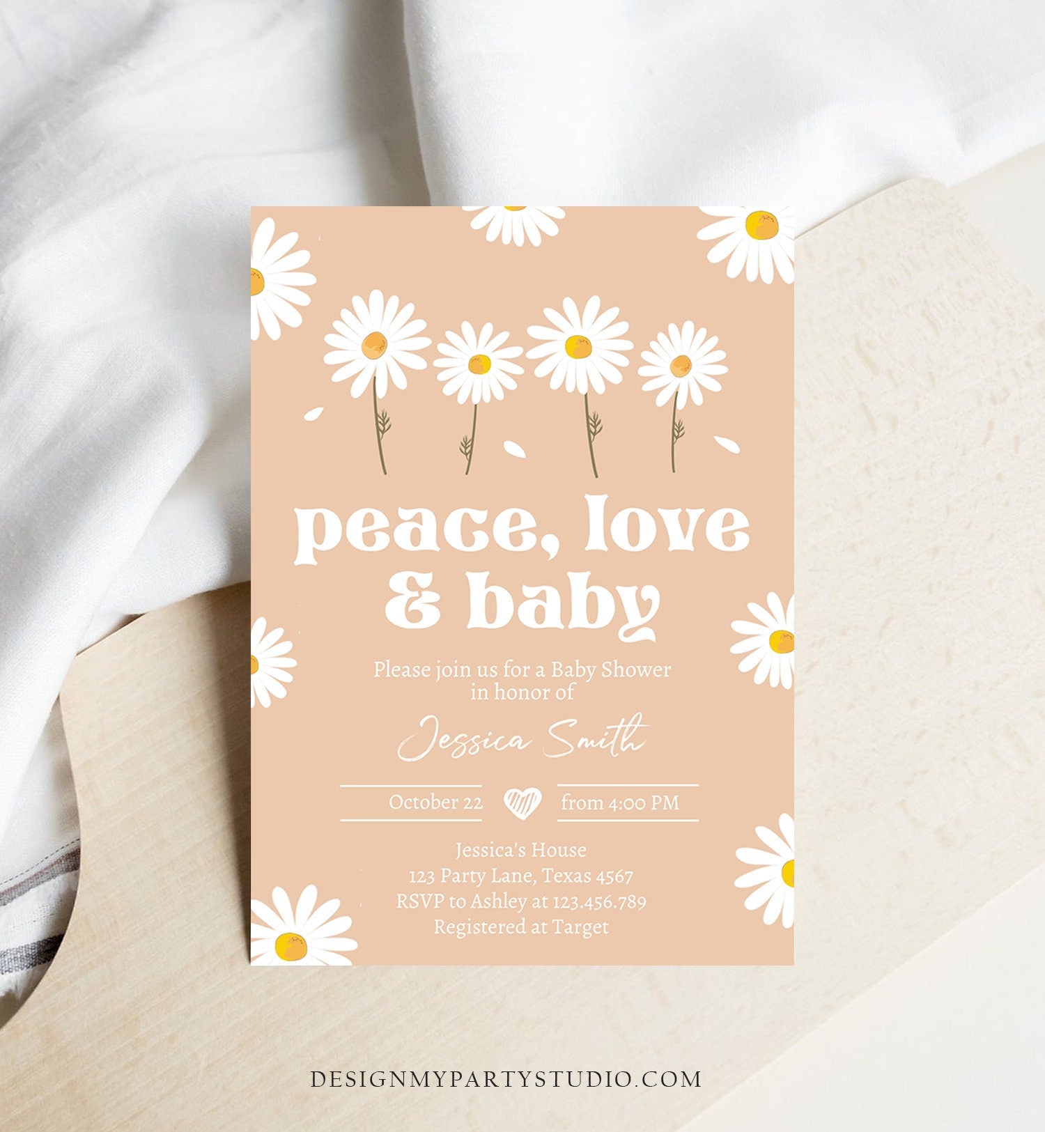 Editable Peace Love and Baby Shower Invitation Daisy Invitation Floral Bohemian Boho Hippie Download Printable Template Corjl Digital 0410