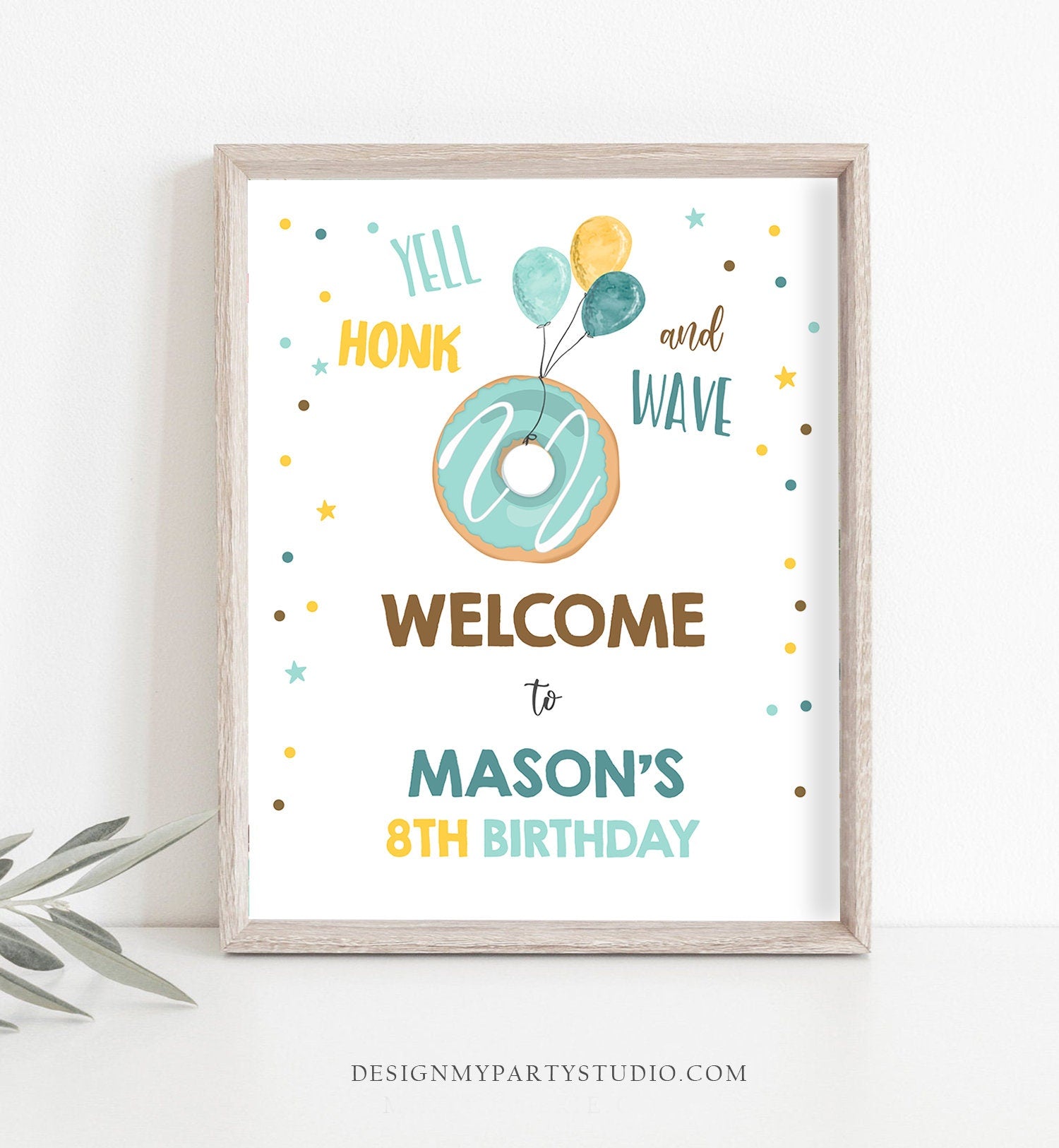 Editable Drive By Birthday Sign Donut Welcome Boy Party Poster Welcome Birthday Shower Parade Sign Blue Template PRINTABLE Corjl 0343