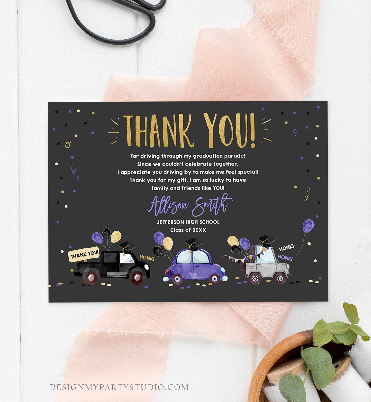 Editable Drive By Graduation Parade Thank You Card Drive Through Party Invite Honk Wave Car Purple Instant Download Digital Corjl 0337