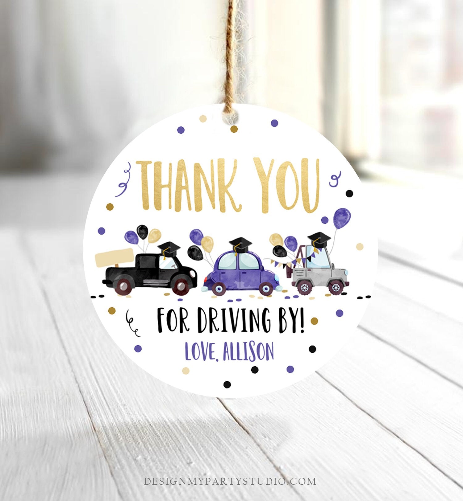 Editable Drive By Favor Tag Drive Through Graduation Parade Thank You Gift Tags Quarantine Blue Purple High School Grad Graduate Corjl 0337