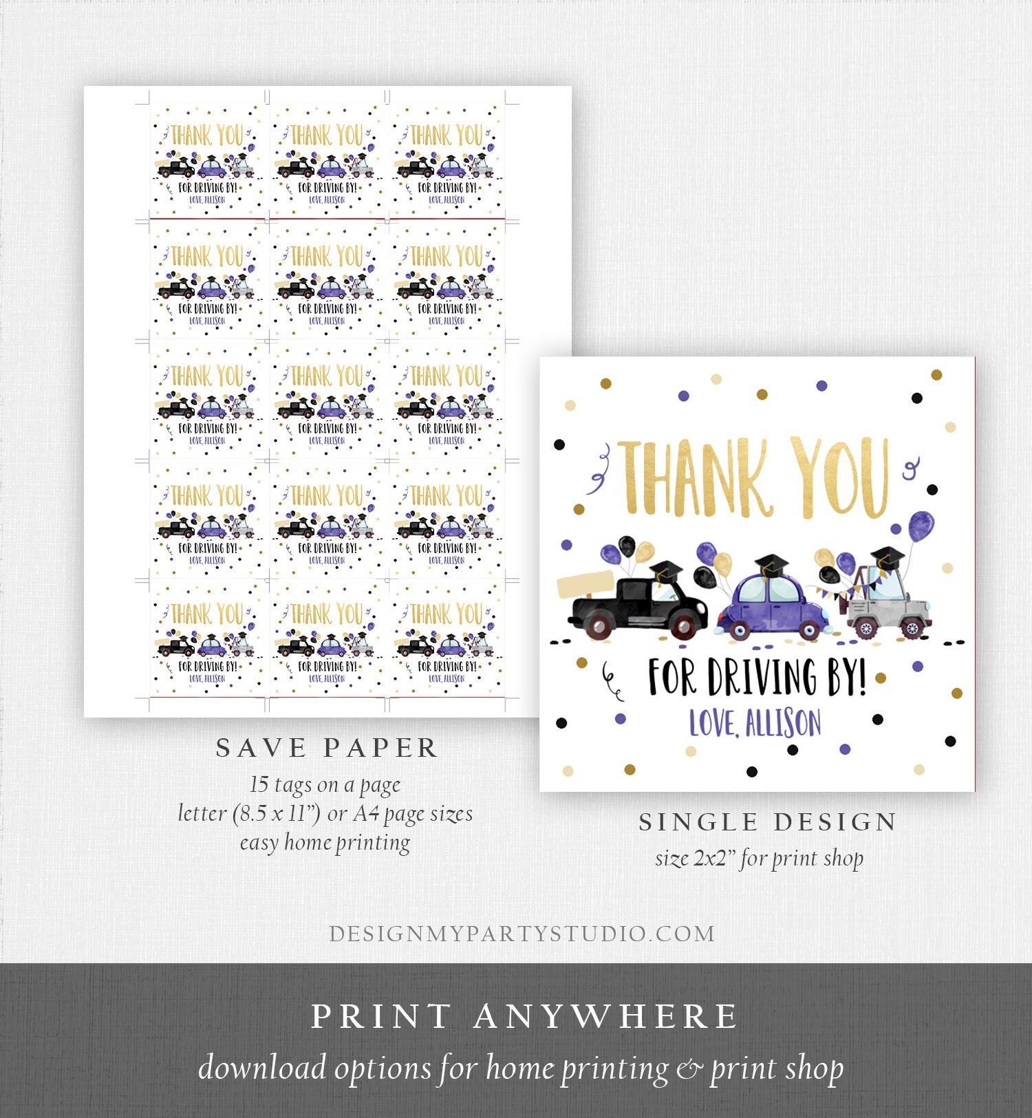 Editable Drive By Favor Tag Drive Through Graduation Parade Thank You Gift Tags Quarantine Blue Purple High School Grad Graduate Corjl 0337