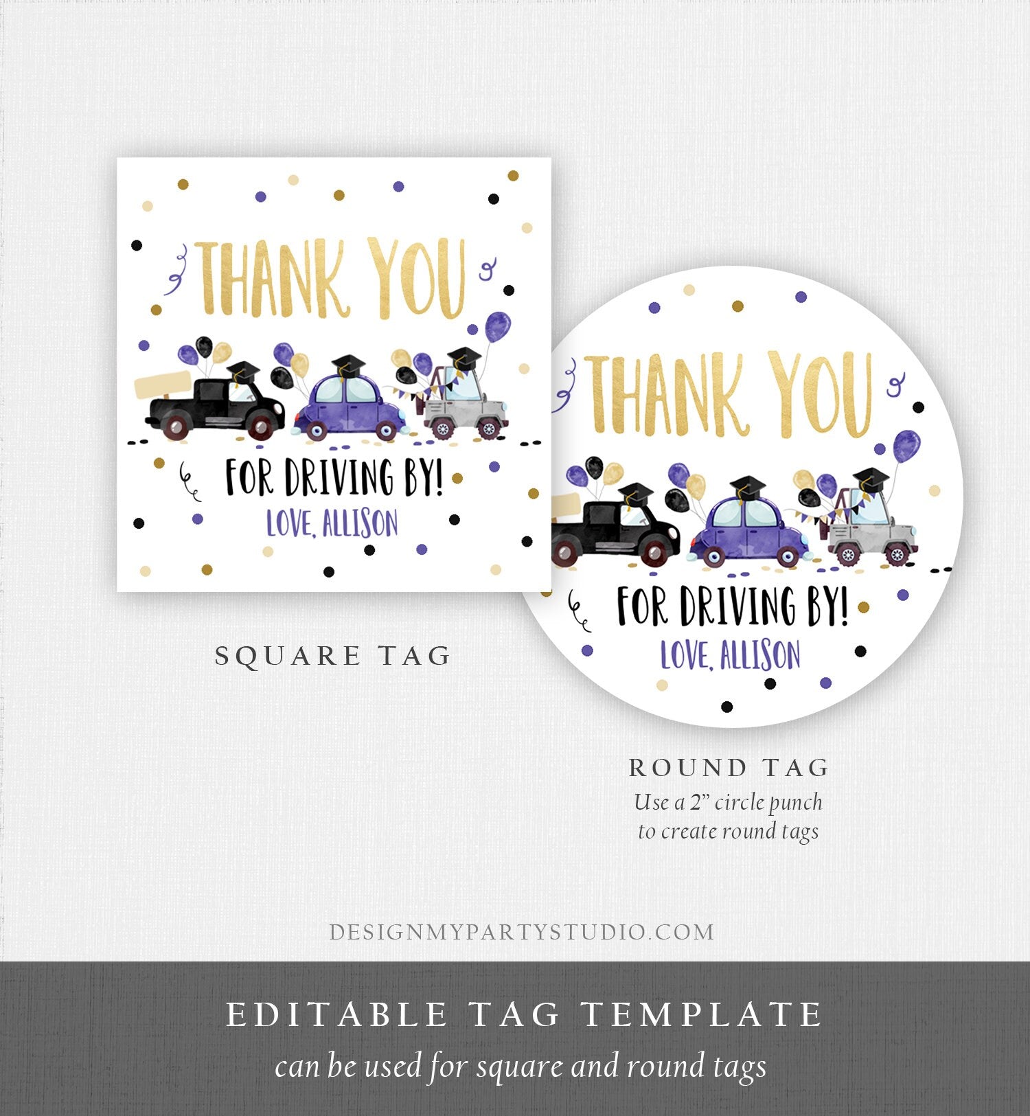 Editable Drive By Favor Tag Drive Through Graduation Parade Thank You Gift Tags Quarantine Blue Purple High School Grad Graduate Corjl 0337