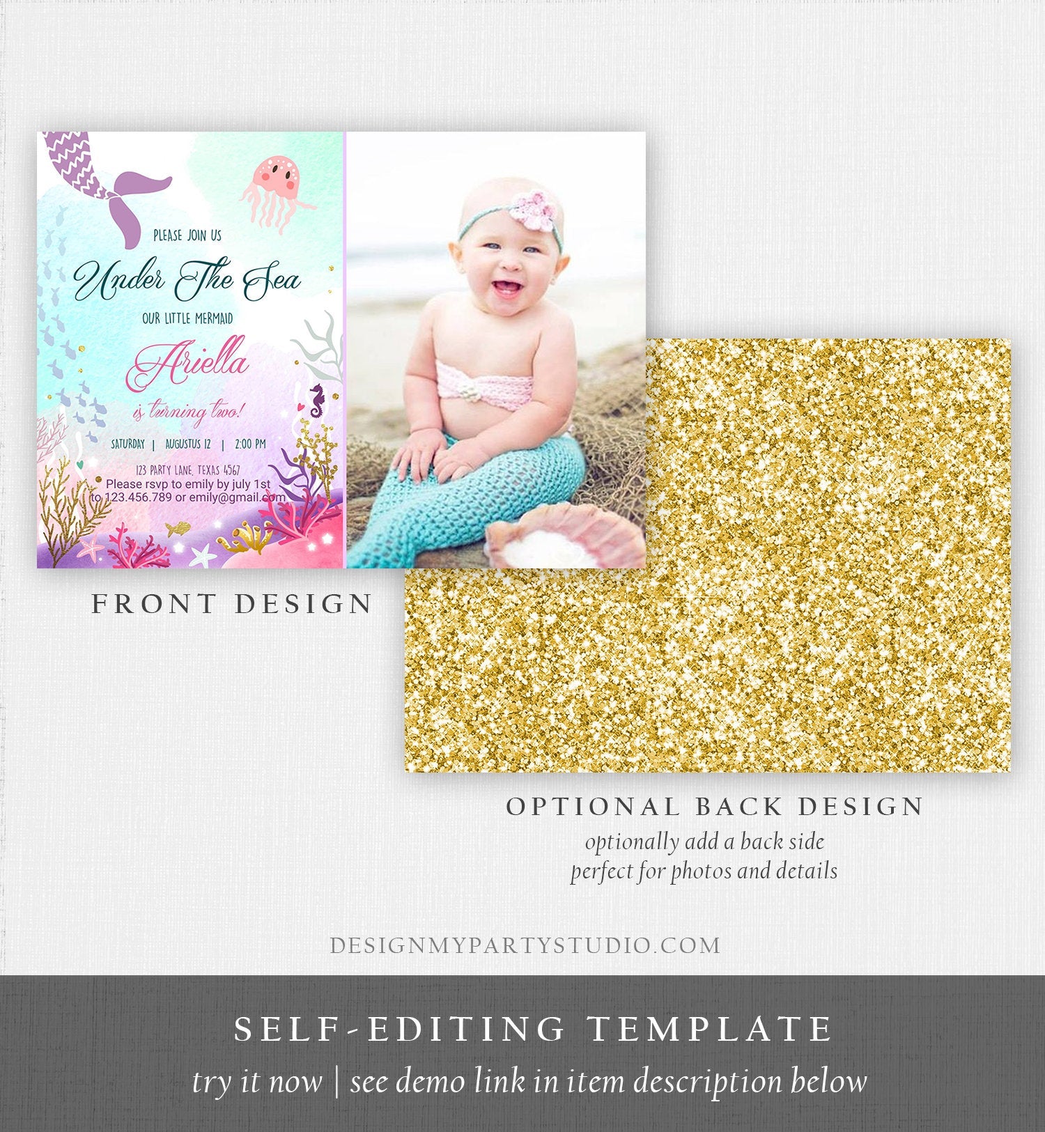 Editable Mermaid Birthday Invitation Under The Sea Birthday Girl Pink Purple Gold Mermaid Tail Download Printable Template Corjl 0076