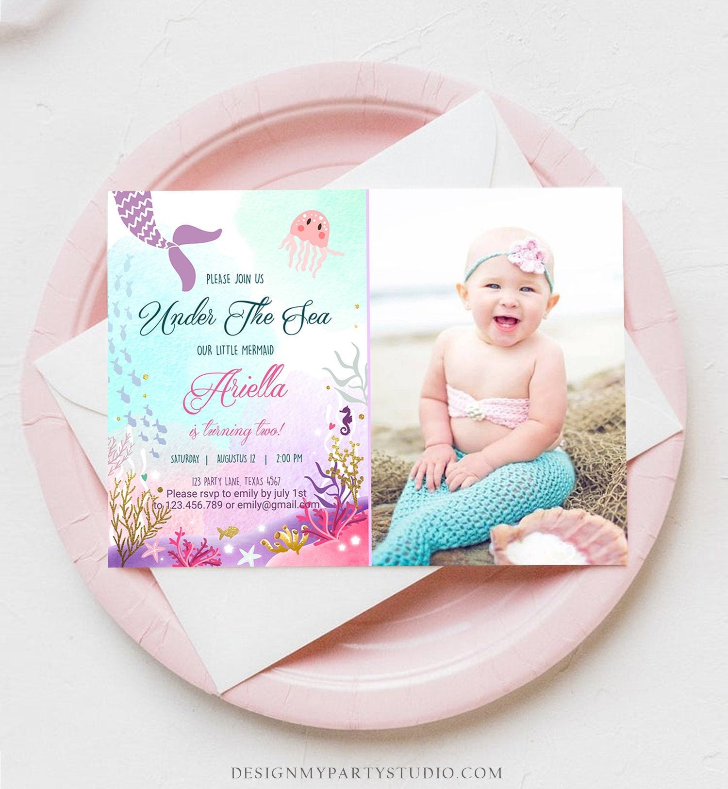 Editable Mermaid Birthday Invitation Under The Sea Birthday Girl Pink Purple Gold Mermaid Tail Download Printable Template Corjl 0076