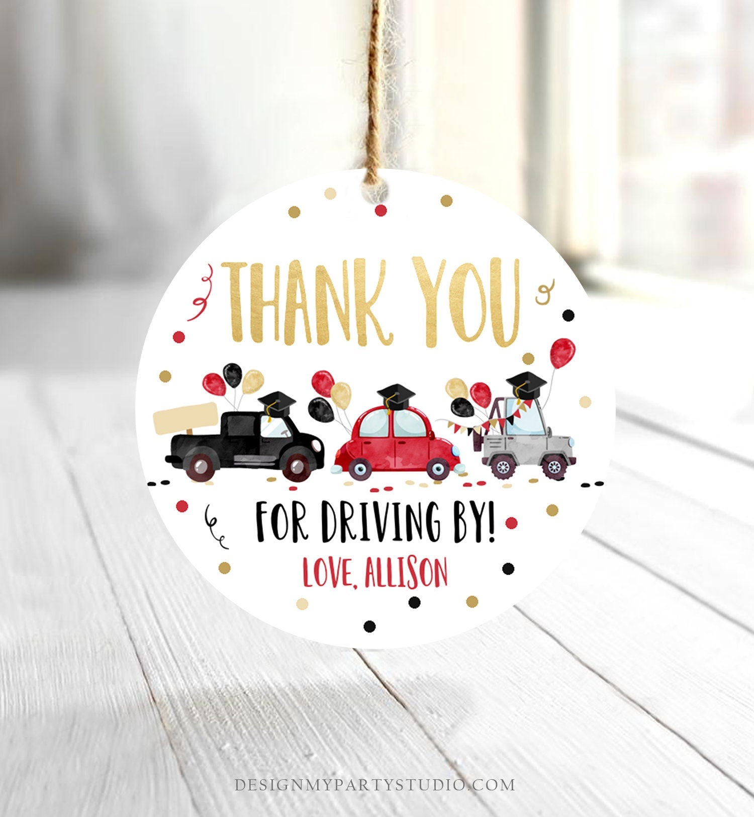 Editable Drive By Favor Tag Drive Through Graduation Parade Thank You Gift Tags Quarantine Blush Red High School Grad Graduate Corjl 0337