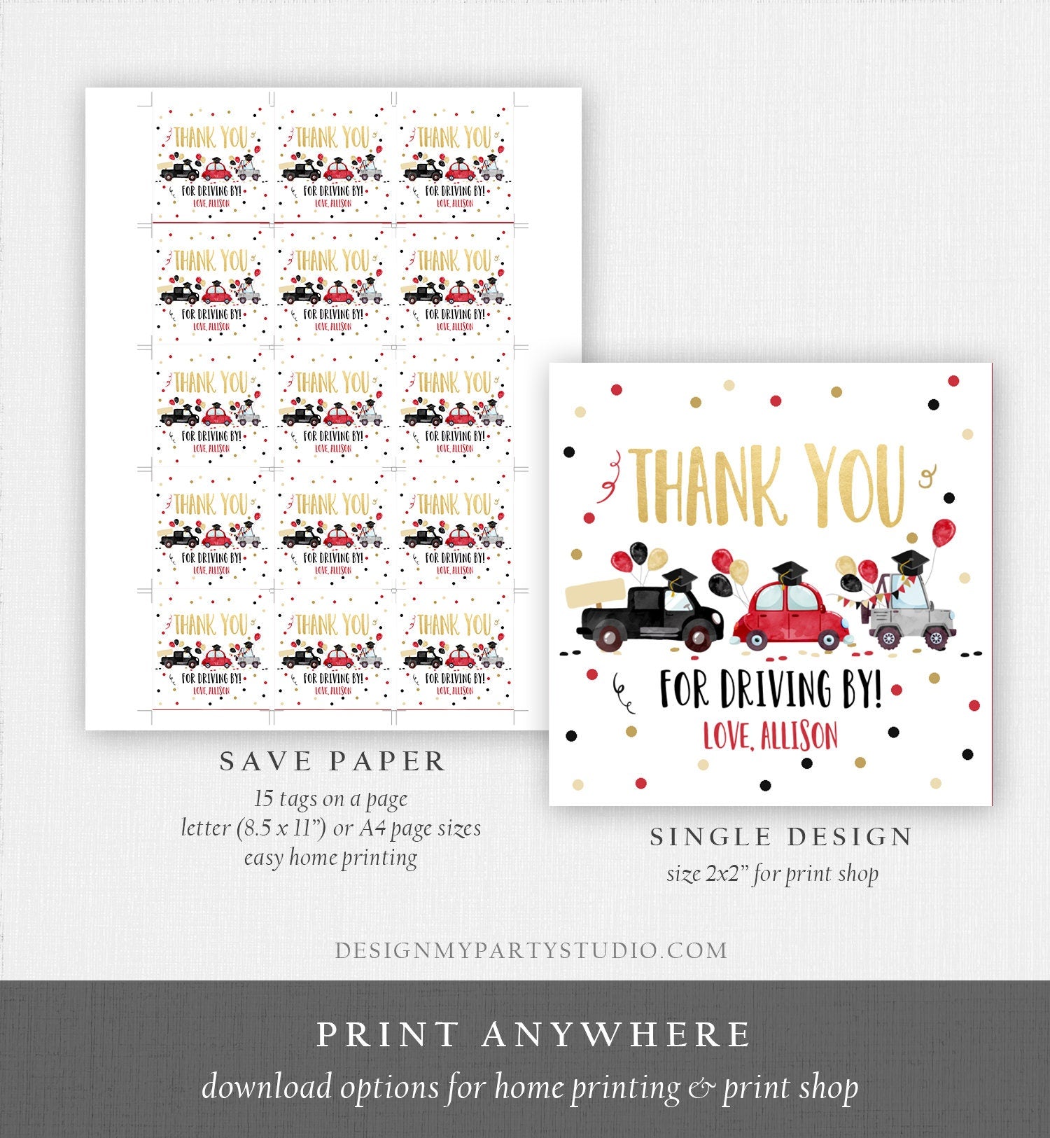 Editable Drive By Favor Tag Drive Through Graduation Parade Thank You Gift Tags Quarantine Blush Red High School Grad Graduate Corjl 0337