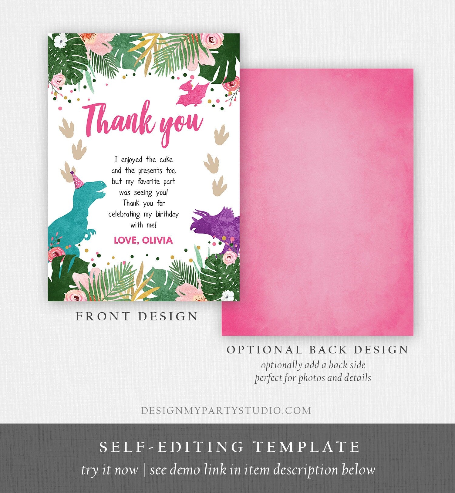 Editable Dinosaur Thank You Card Birthday Note Pink Gold Girl Dino Party T-Rex Photo Instant Download Printable Corjl Template Digital 0388