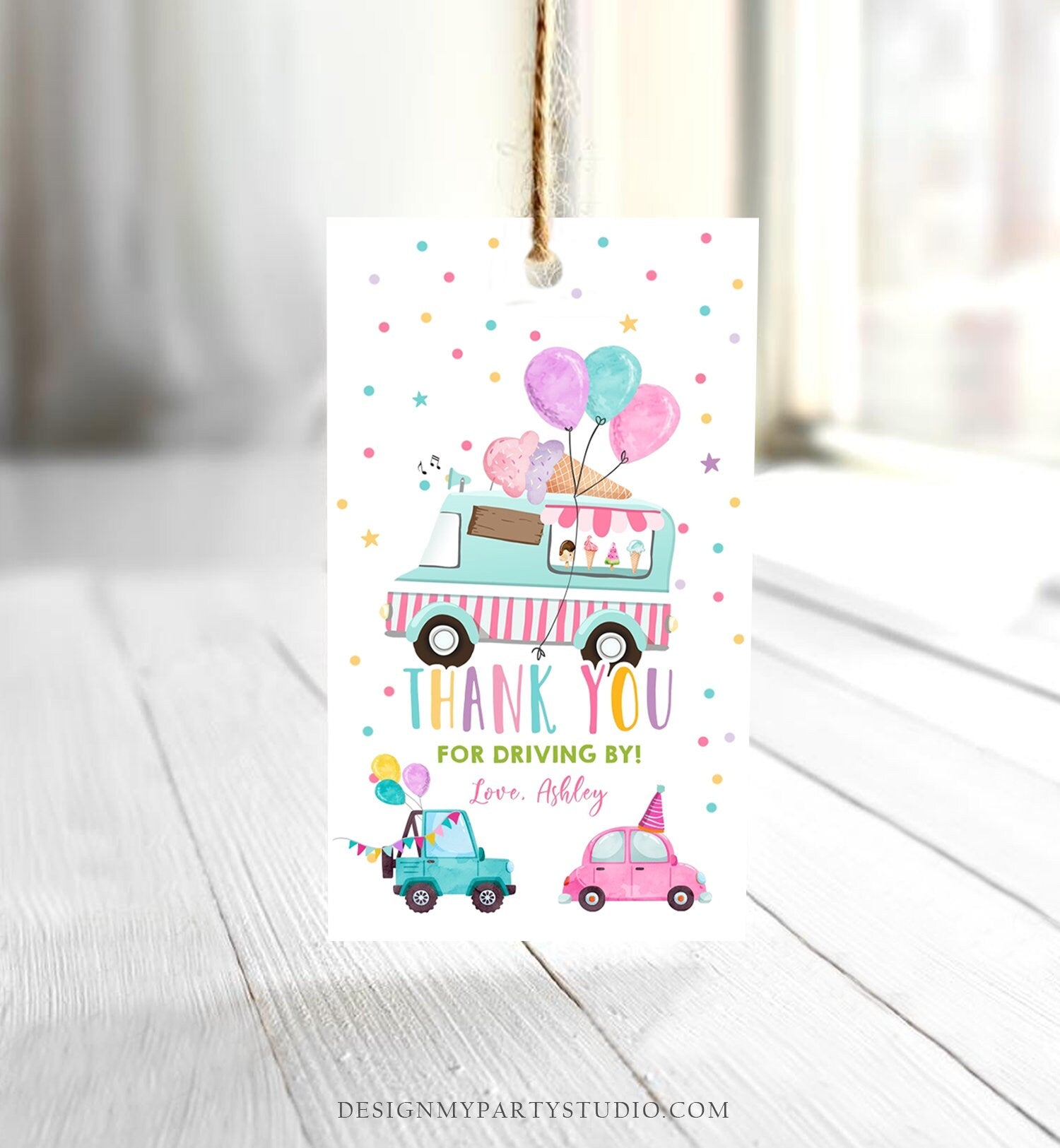 Editable Ice Cream Truck Favor Tag Drive By Birthday Party Parade Cars Balloons Thank You Gift Tags Pink Girl Corjl Template Printable 0243