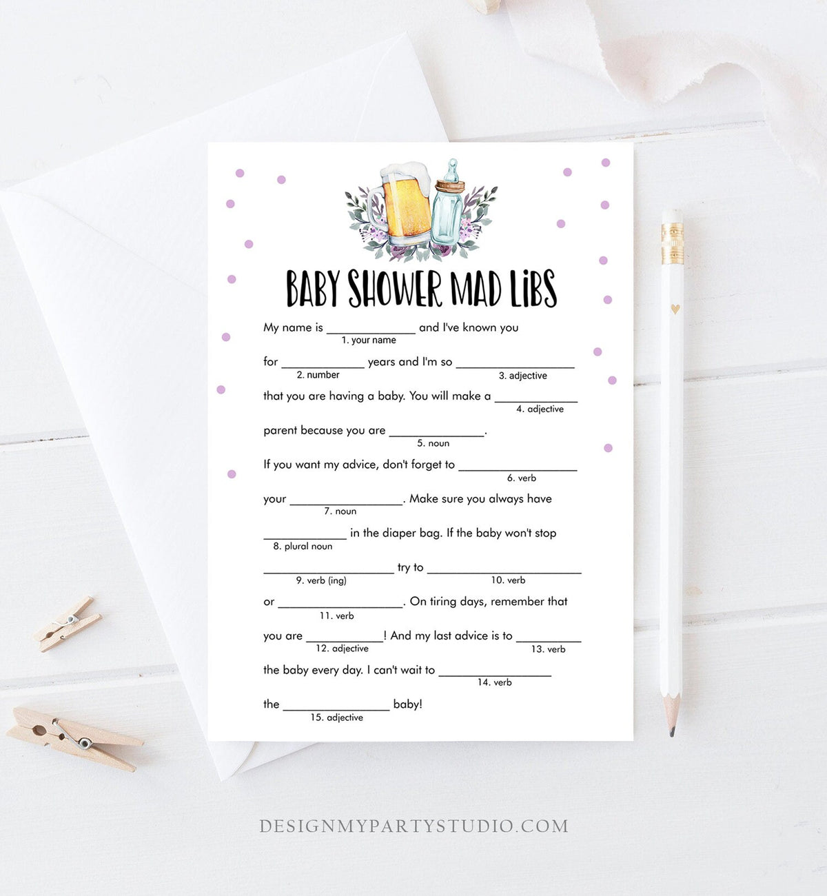 Editable Mad Libs Baby Shower Game Greenery Advice Mom to Be Baby is Brewing Shower Purple Beer Bottle Corjl Template Printable 0190