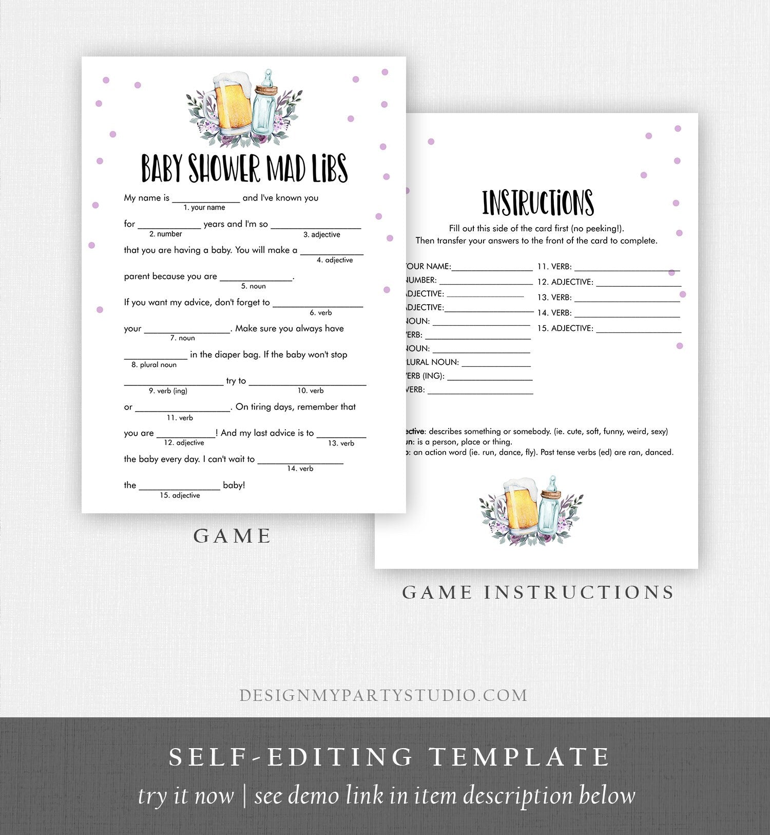 Editable Mad Libs Baby Shower Game Greenery Advice Mom to Be Baby is Brewing Shower Purple Beer Bottle Corjl Template Printable 0190