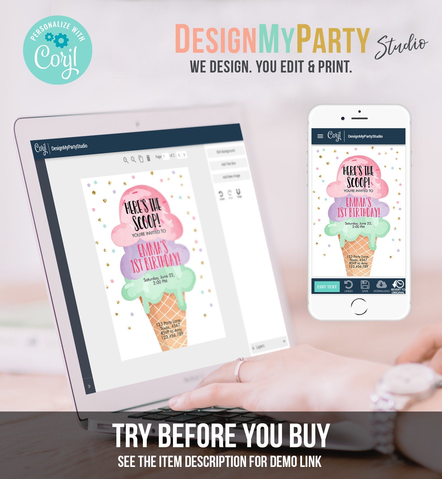 Editable Ice Cream Birthday Invitation First Birthday Party Here's the Scoop Cone Pink Green Gold Purple Printable Template Corjl 0243