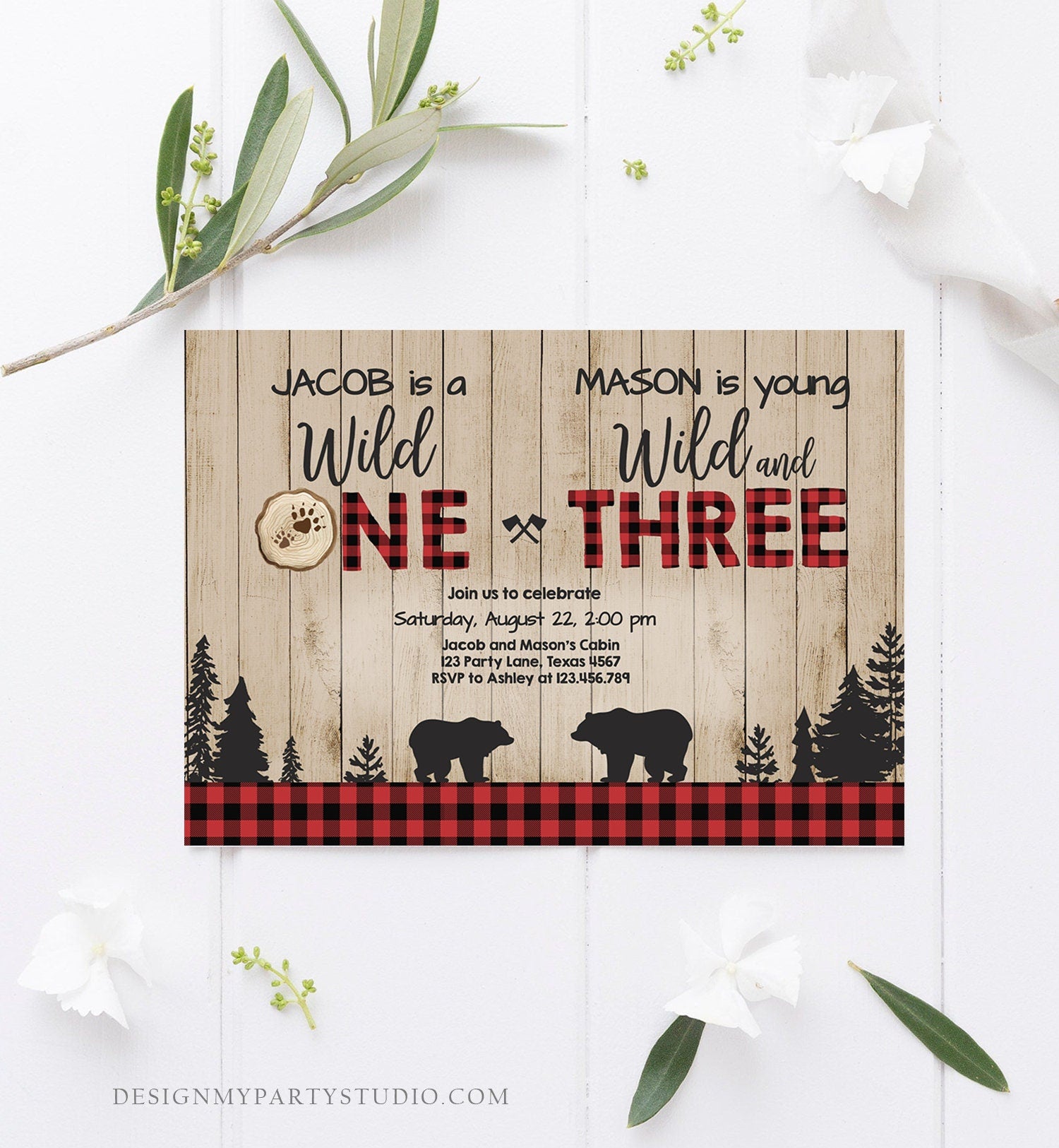 Editable Wild One Birthday Invitation Wild and Three Boys Brothers Birthday Lumberjack Bear Buffalo Download Printable Corjl Template 0191