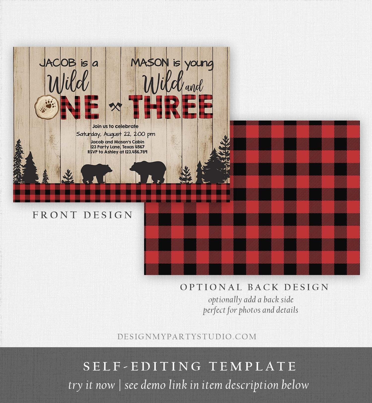 Editable Wild One Birthday Invitation Wild and Three Boys Brothers Birthday Lumberjack Bear Buffalo Download Printable Corjl Template 0191