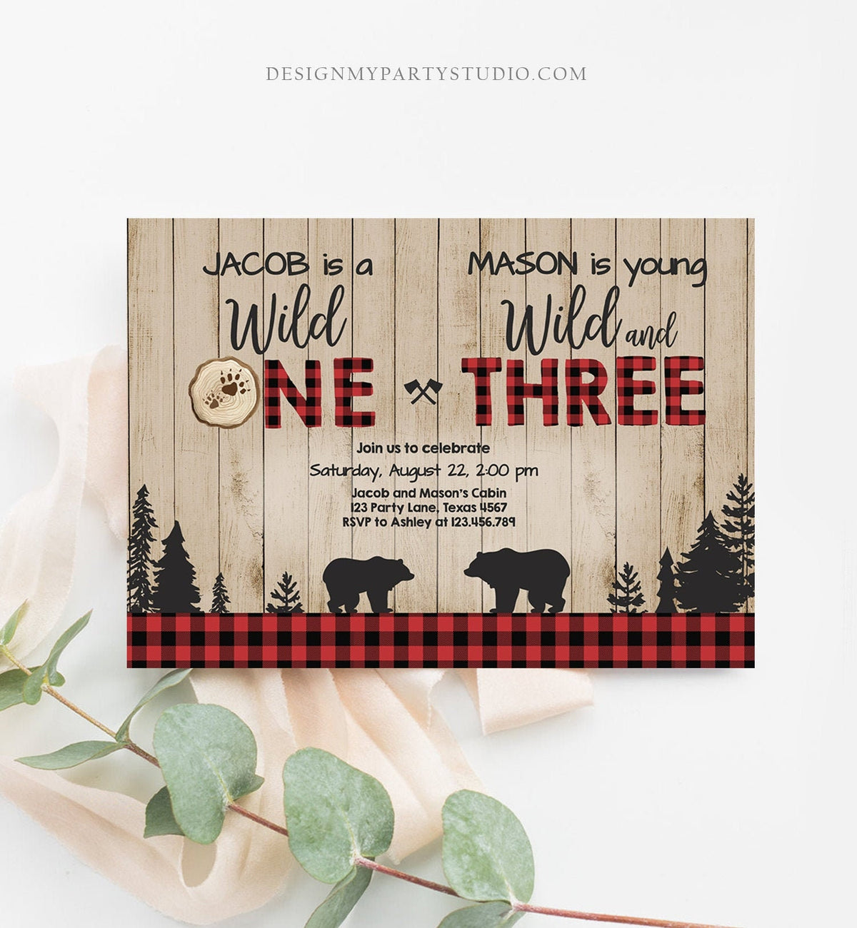 Editable Wild One Birthday Invitation Wild and Three Boys Brothers Birthday Lumberjack Bear Buffalo Download Printable Corjl Template 0191