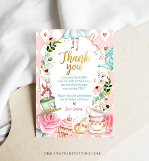 Editable Alice In Wonderland Thank You Card Girl First Birthday 1st Onederland Tea Party Thank You Printable Template Corjl Digital 0350