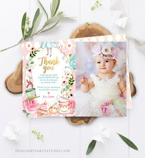 Editable Alice In Wonderland Thank You Card Girl First Birthday 1st Onederland Tea Party Thank You Printable Template Corjl Digital 0350