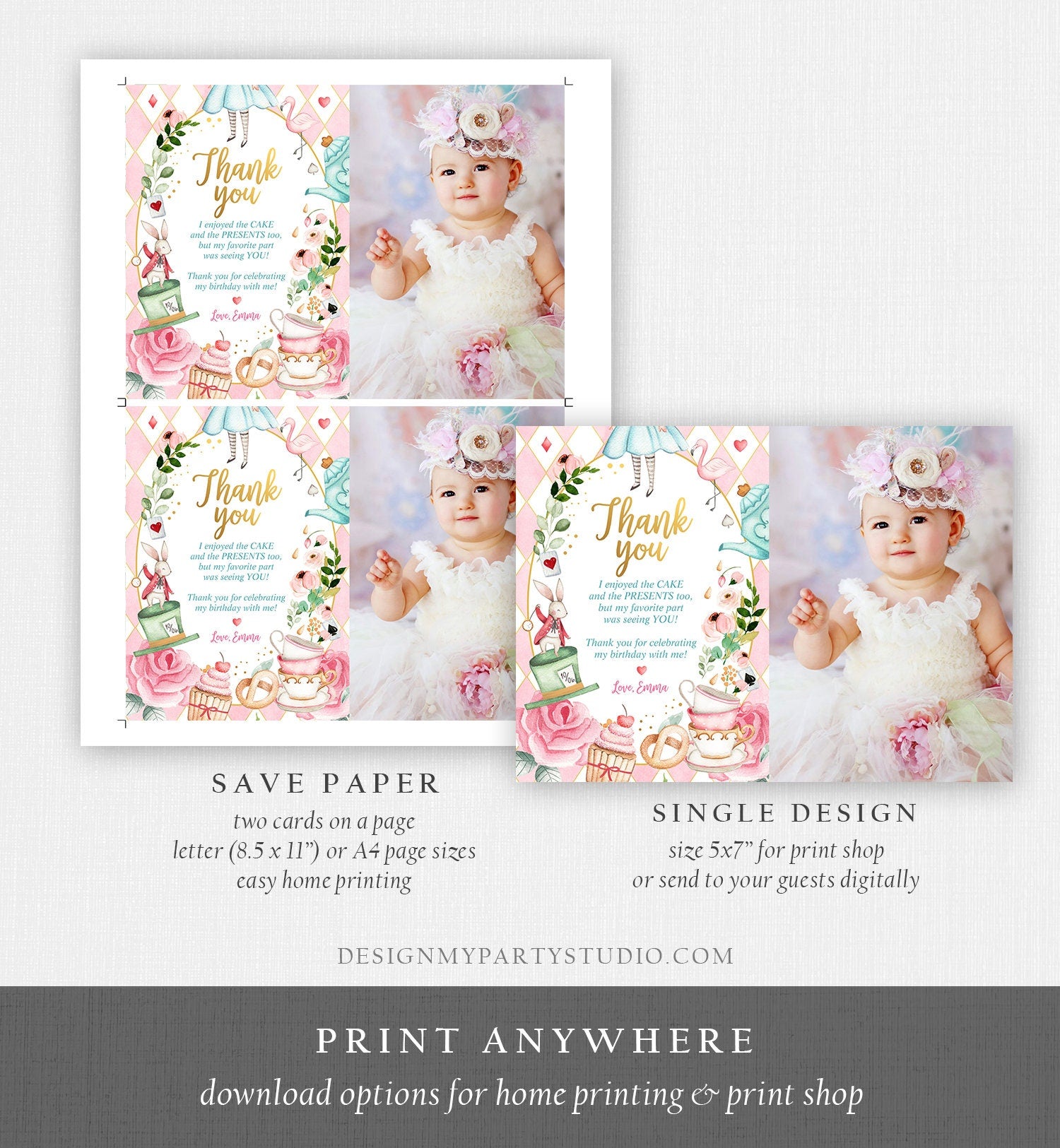 Alice in Wonderland Printable Invitation with FREE Thank you Card