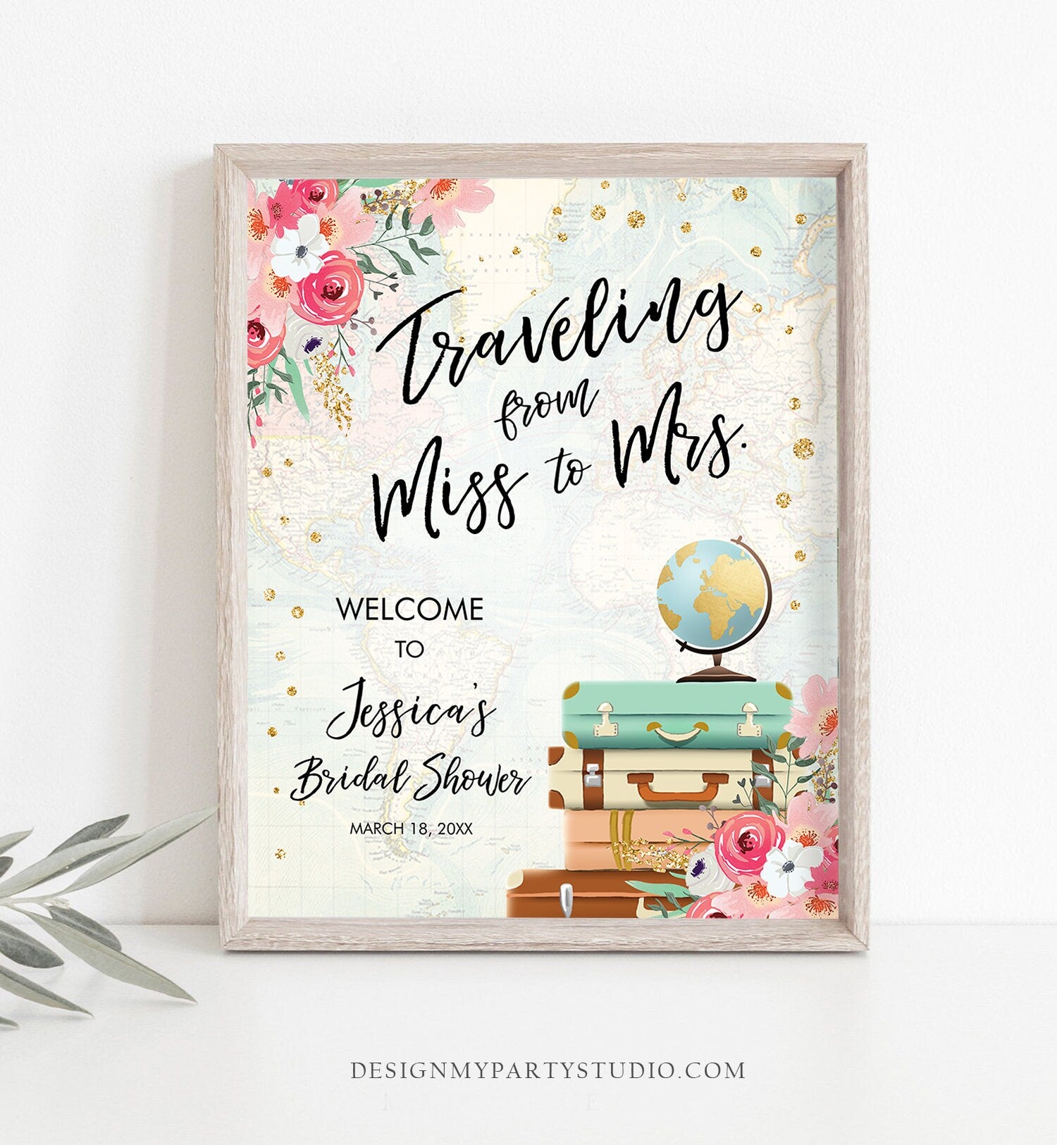 Editable Miss to Mrs Welcome Sign Bridal Shower Traveling From Miss to Mrs Adventure Love is a Journey Floral Pink Corjl Template 0030