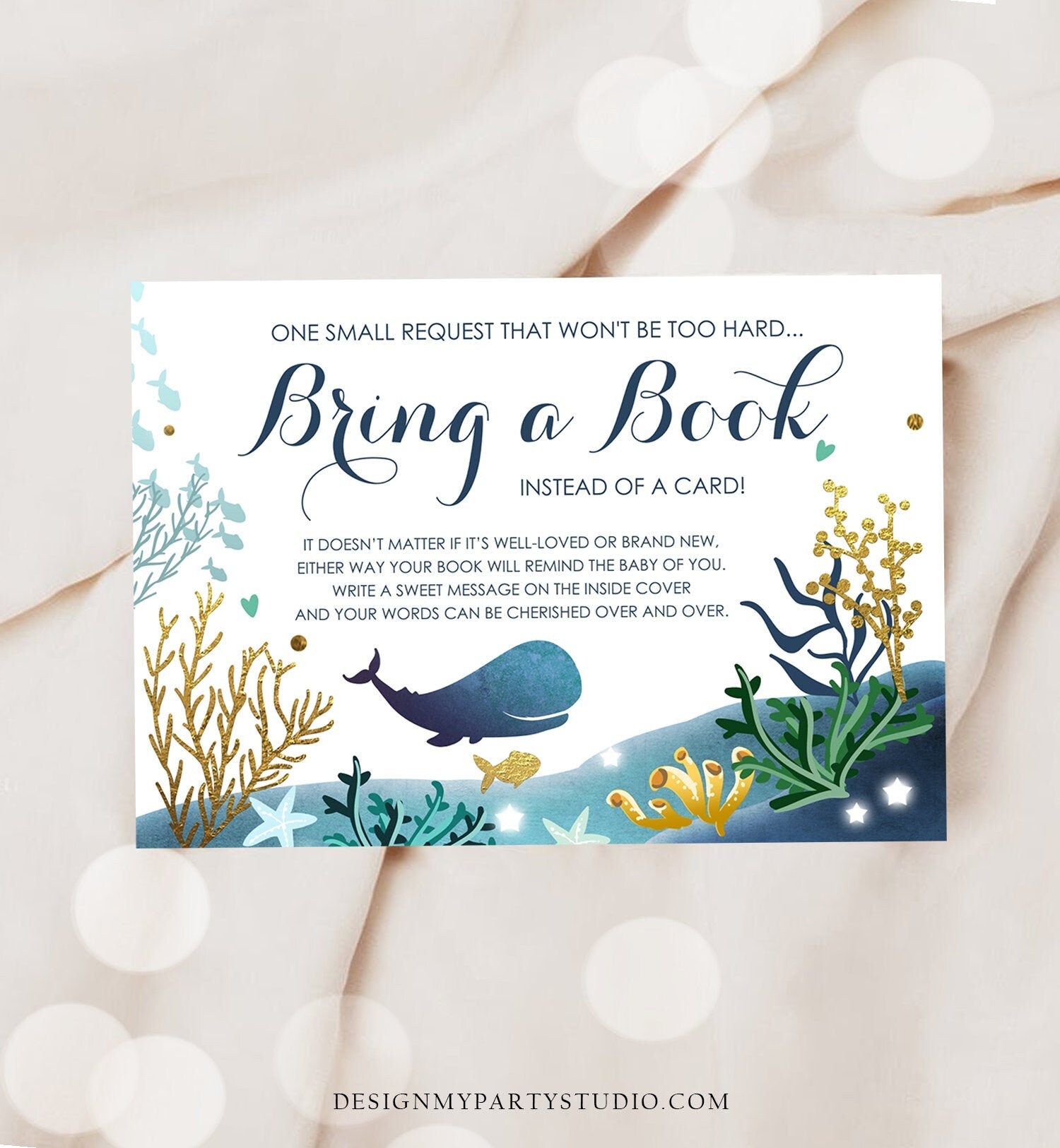 Editable Whale Bring a Book Card Baby Shower Books for Baby Nautical Ocean Watercolor It's a Boy Blue Whale Corjl Template Printable 0118