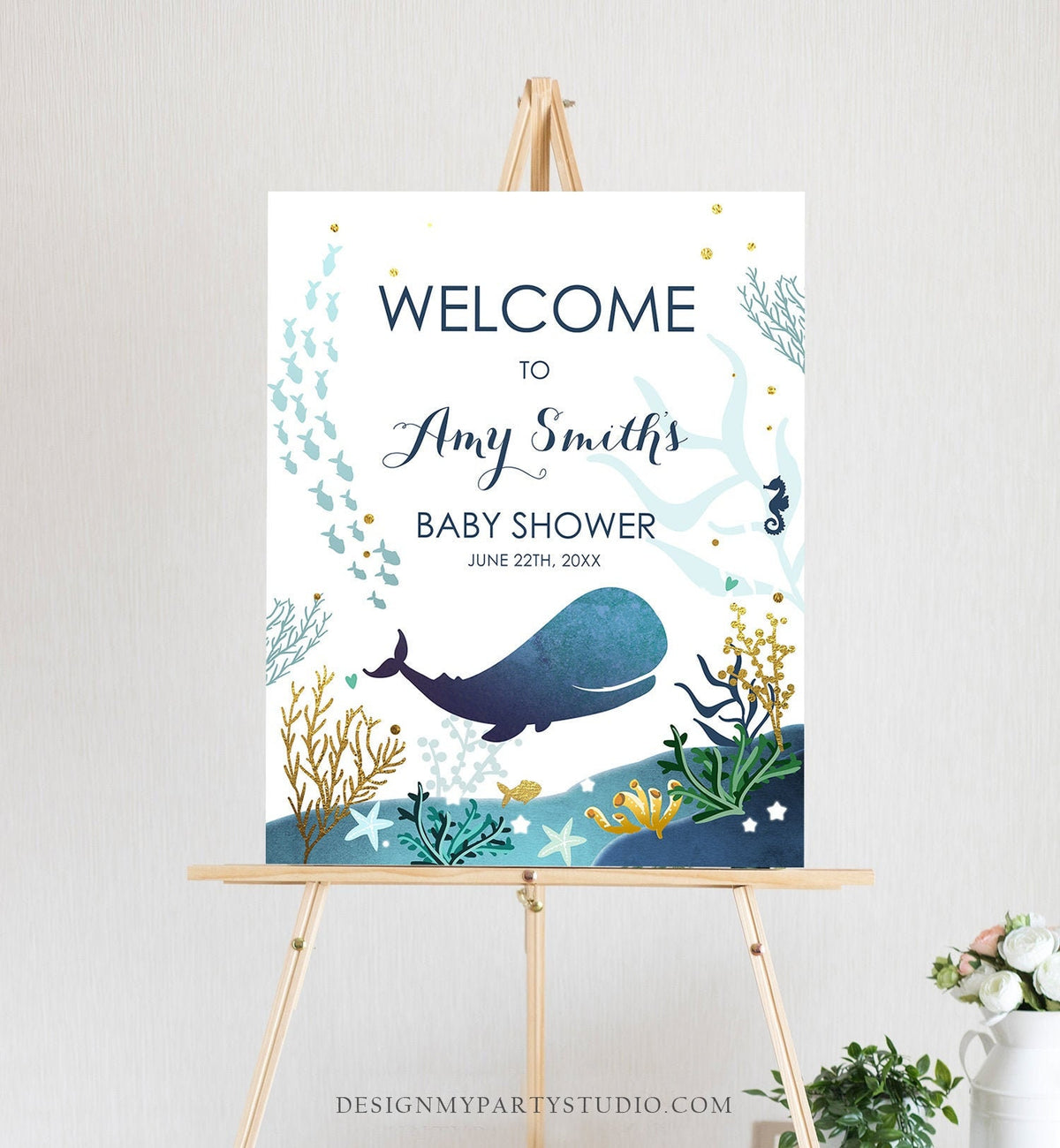 Editable Whale Welcome Sign Baby Shower Birthday Party Nautical Ocean It&#39;s a Boy Blue Whale Under the Sea Corjl Template Printable 0118