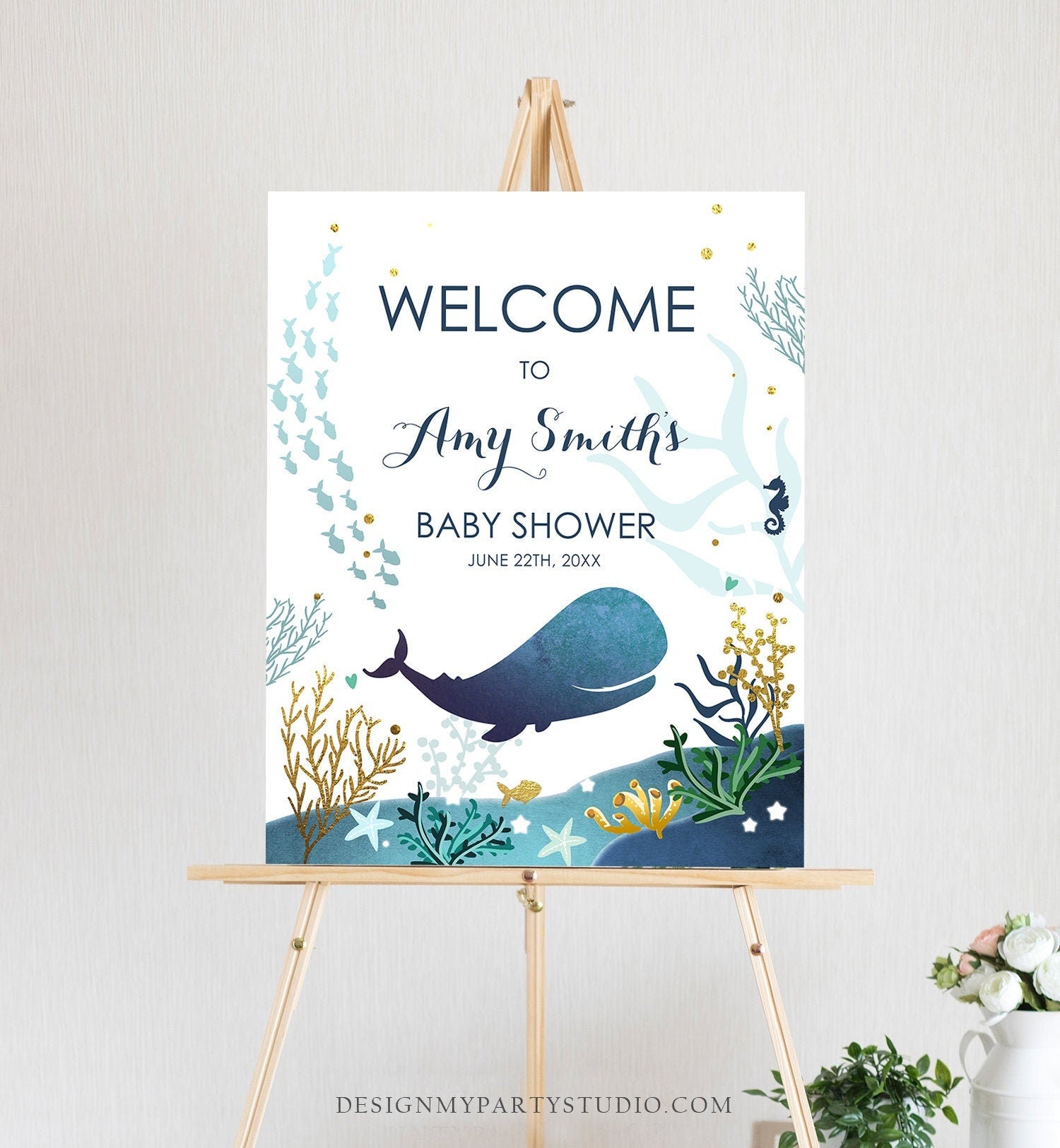 Editable Whale Welcome Sign Baby Shower Birthday Party Nautical Ocean It's a Boy Blue Whale Under the Sea Corjl Template Printable 0118