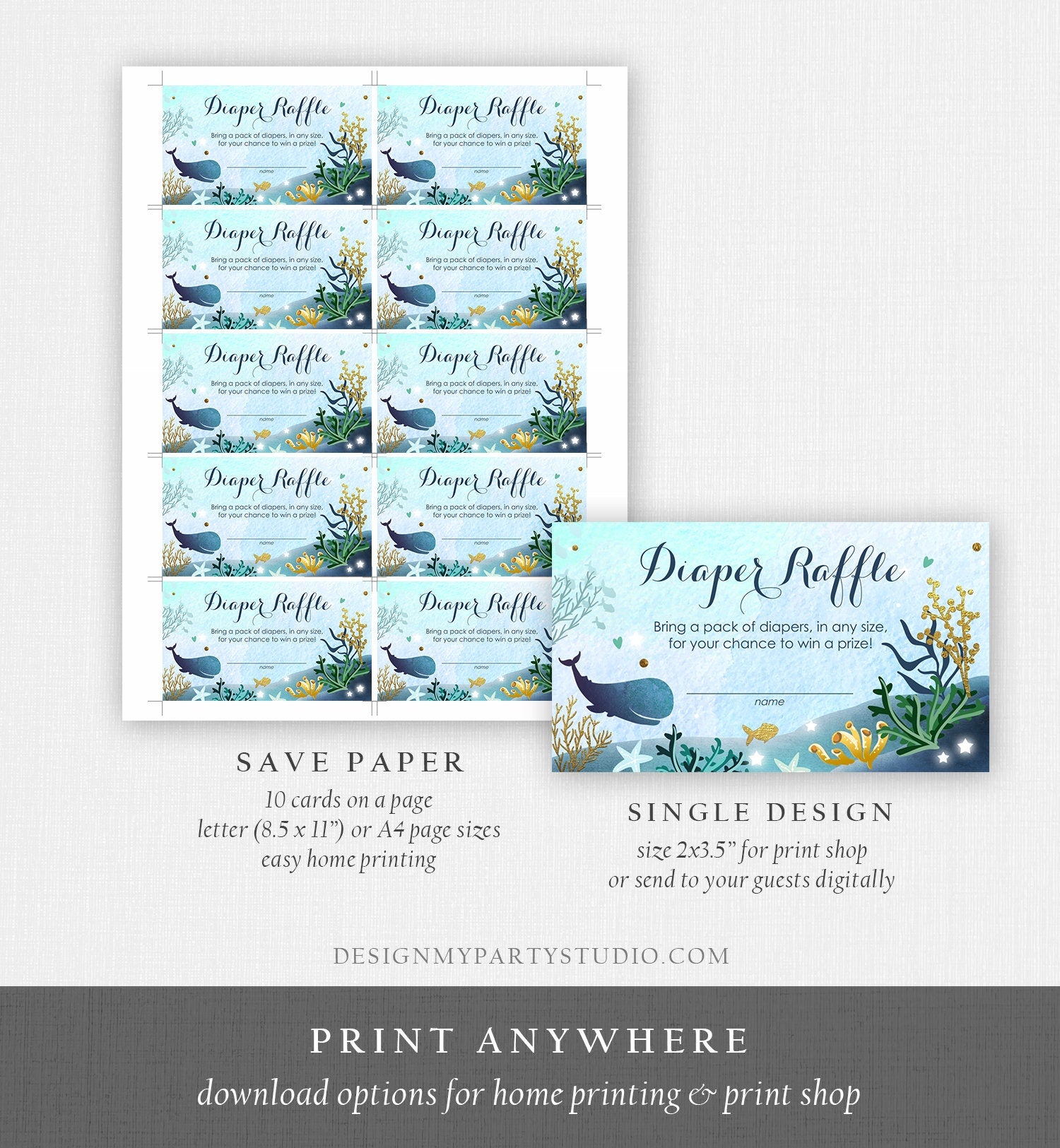 Editable Whale Baby Shower Diaper Raffle Card Nautical Ocean Under the Sea Boy Blue Whale Coral Ticket Corjl Template Printable 0118