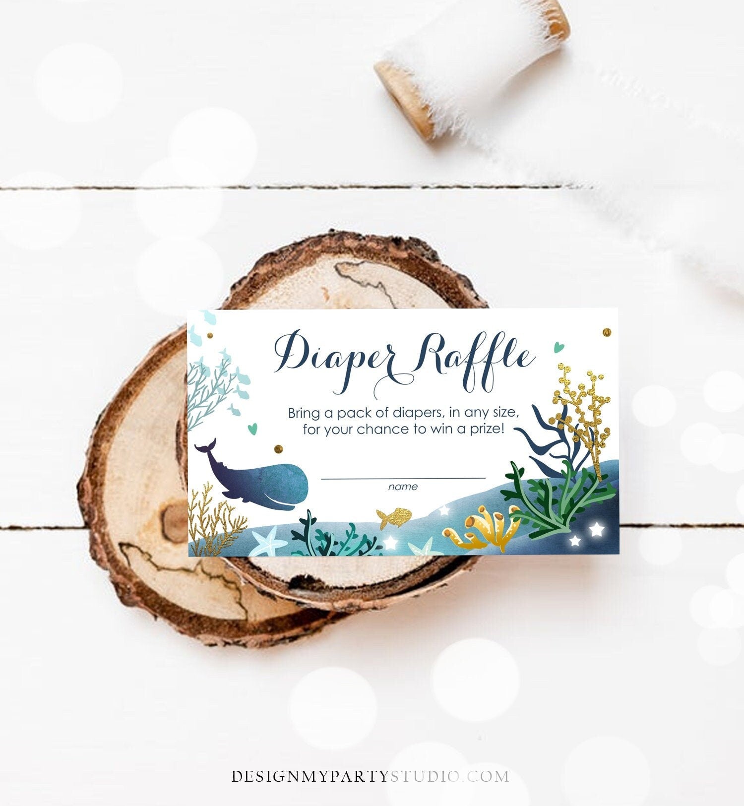 Editable Whale Baby Shower Diaper Raffle Card Nautical Ocean Under the Sea Boy Blue Whale Coral Ticket Corjl Template Printable 0118