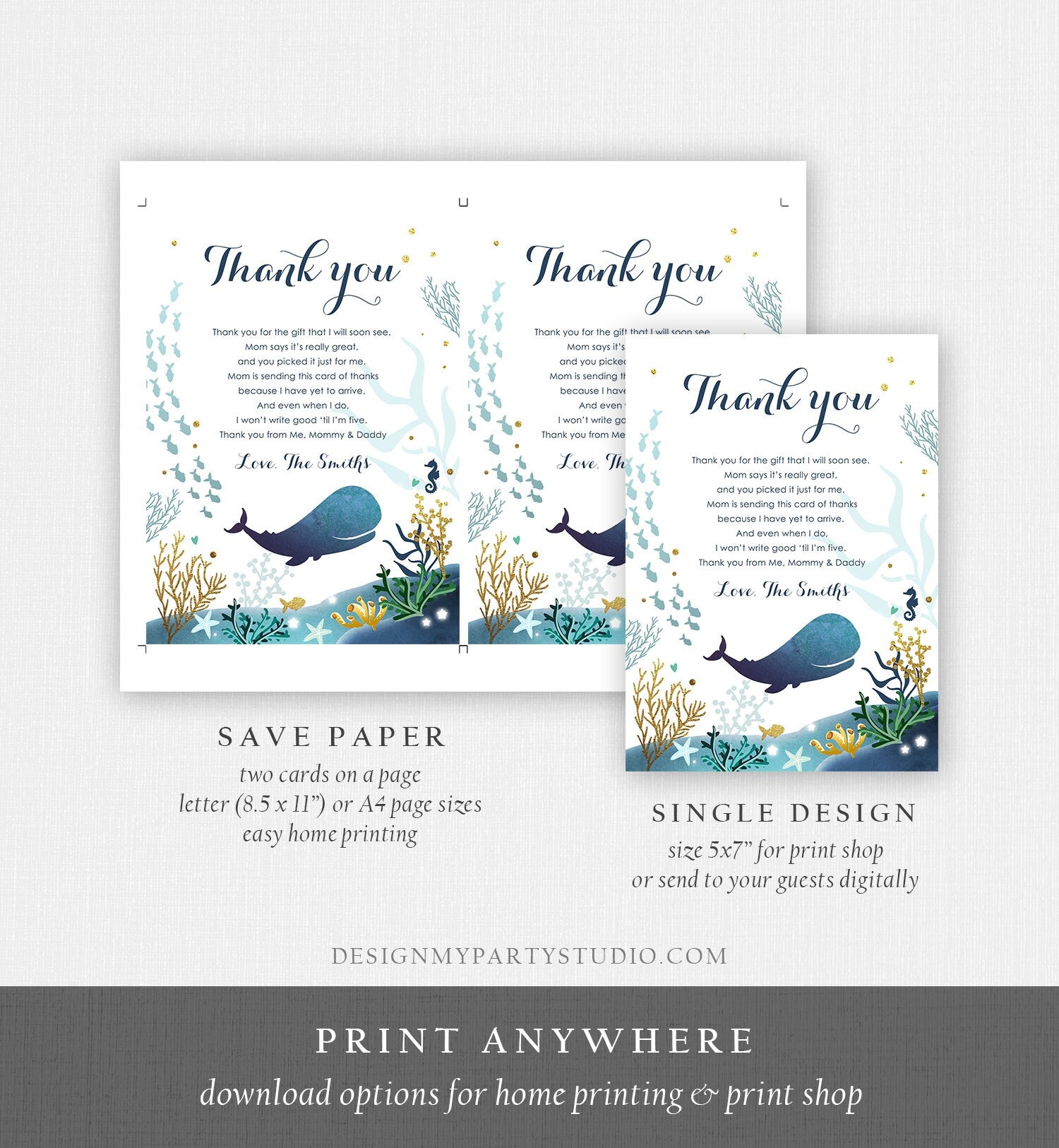 Editable Whale Baby Shower Thank You Card Note Nautical Blue Whale Boy Ocean Under the Sea Coral Template Instant Download Corjl 0118