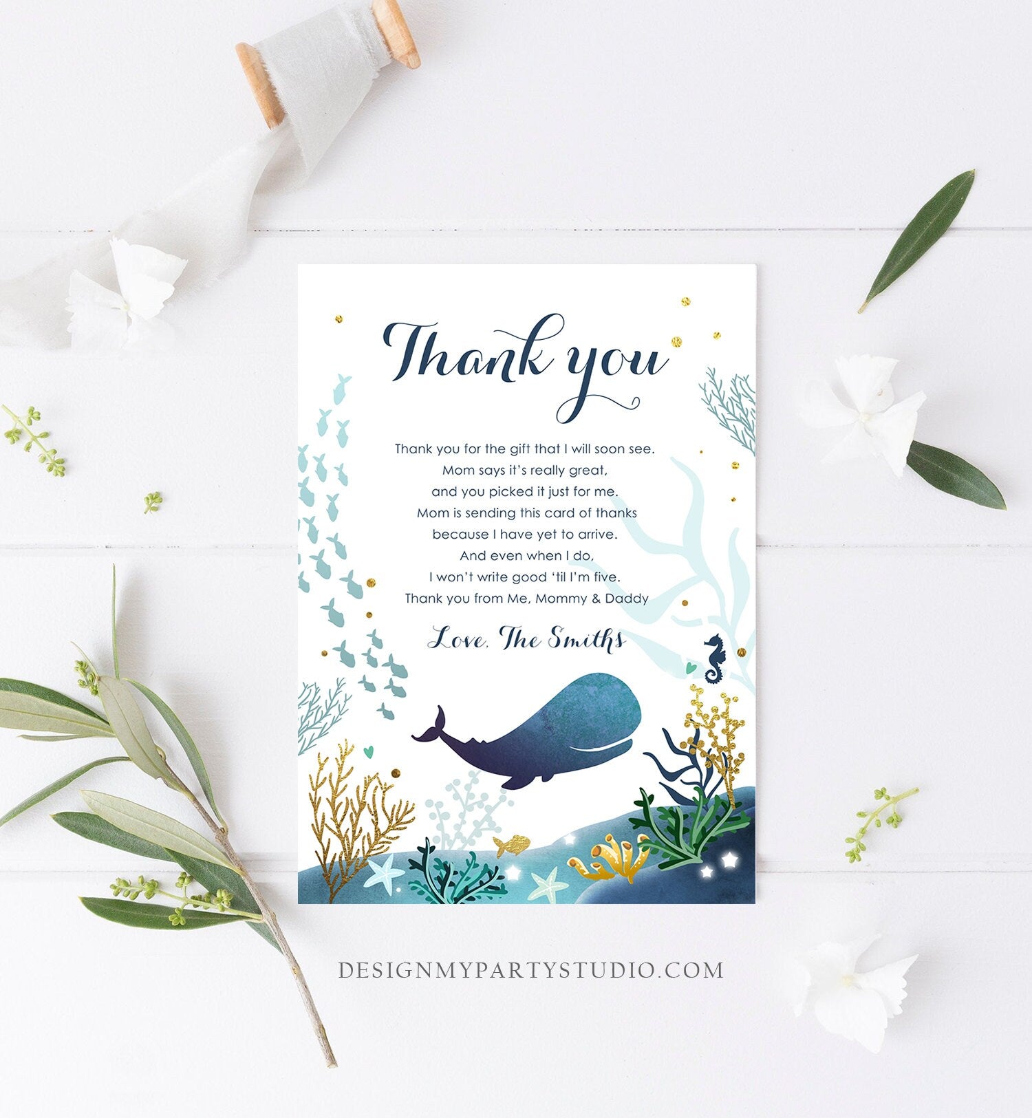 Editable Whale Baby Shower Thank You Card Note Nautical Blue Whale Boy Ocean Under the Sea Coral Template Instant Download Corjl 0118