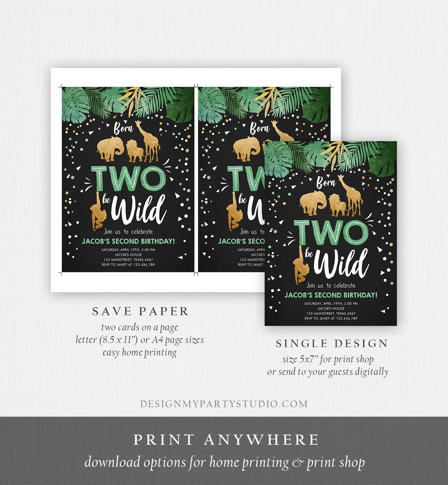 Editable Born Two Be Wild Birthday Invitation Boy Animals Jungle Safari Green Gold 2nd Birthday Download Printable Template Corjl 0016