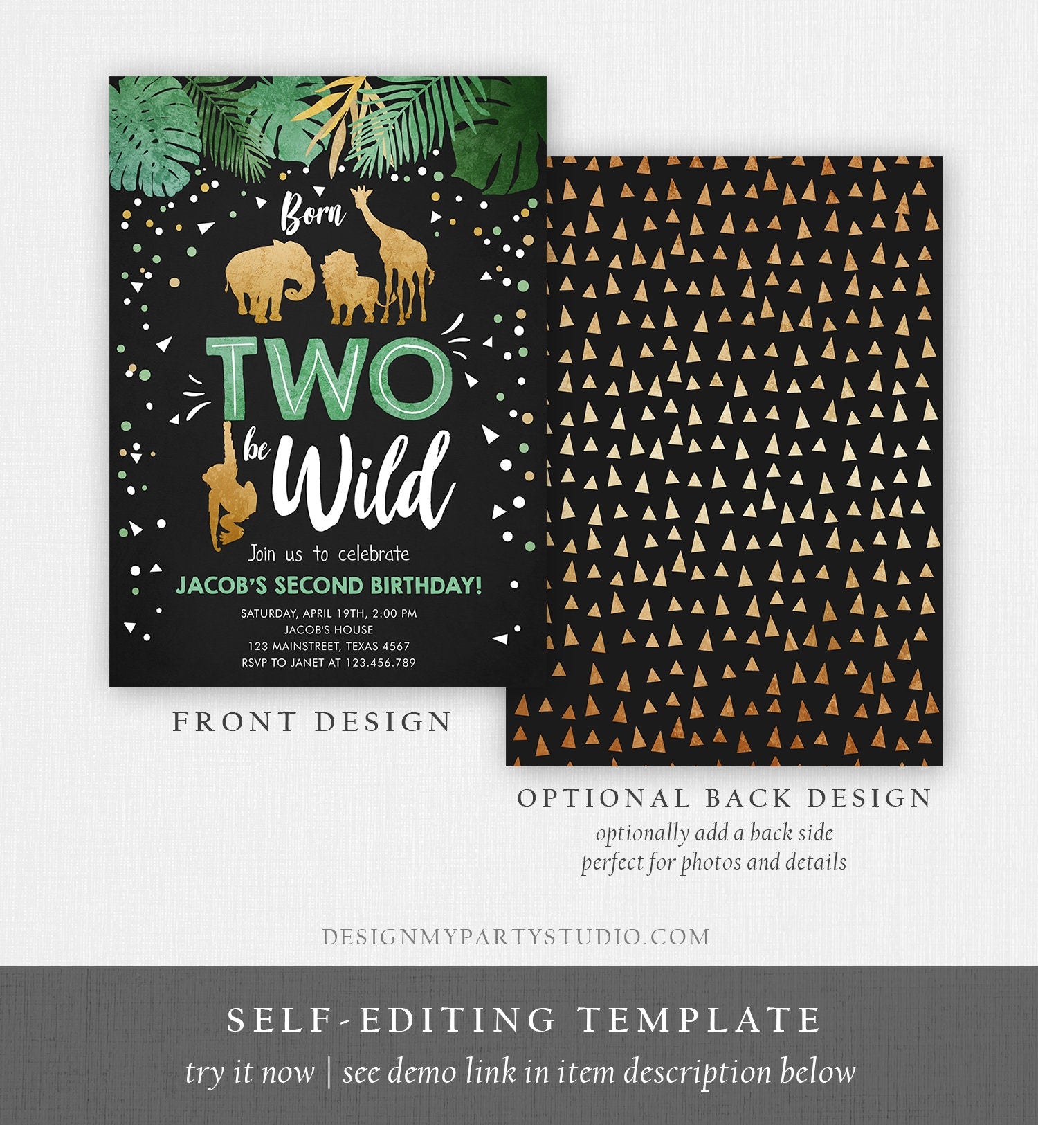 Editable Born Two Be Wild Birthday Invitation Boy Animals Jungle Safari Green Gold 2nd Birthday Download Printable Template Corjl 0016