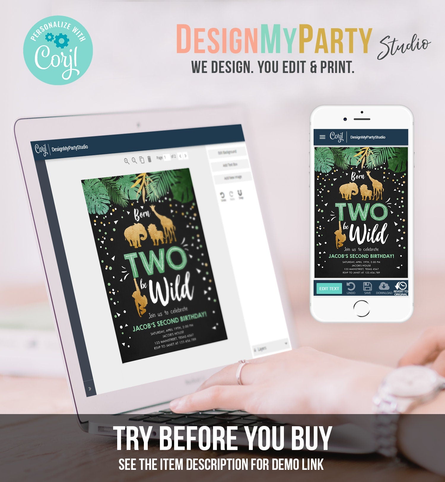 Editable Born Two Be Wild Birthday Invitation Boy Animals Jungle Safari Green Gold 2nd Birthday Download Printable Template Corjl 0016