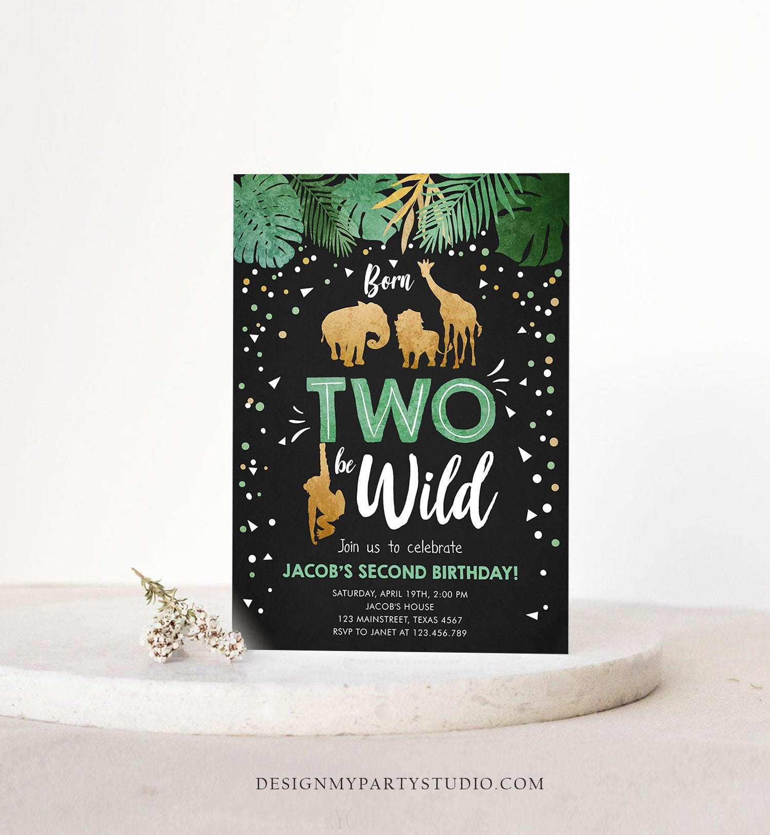 Editable Born Two Be Wild Birthday Invitation Boy Animals Jungle Safari Green Gold 2nd Birthday Download Printable Template Corjl 0016