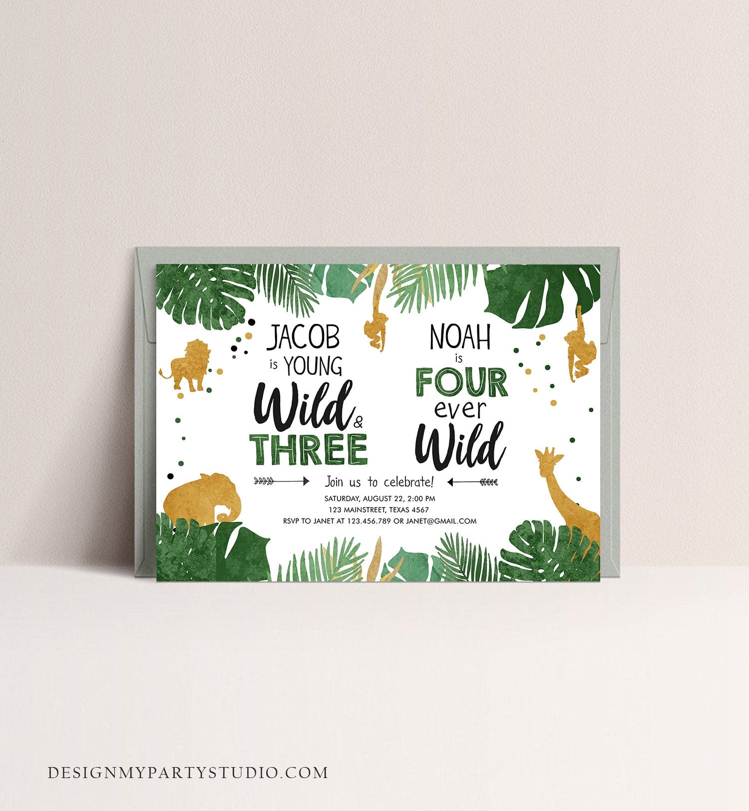 Editable Young Wild and Three Four Ever Wild Birthday Invitation Boys Siblings Safari Animals Party Gold Joint Combined Corjl Template 0016